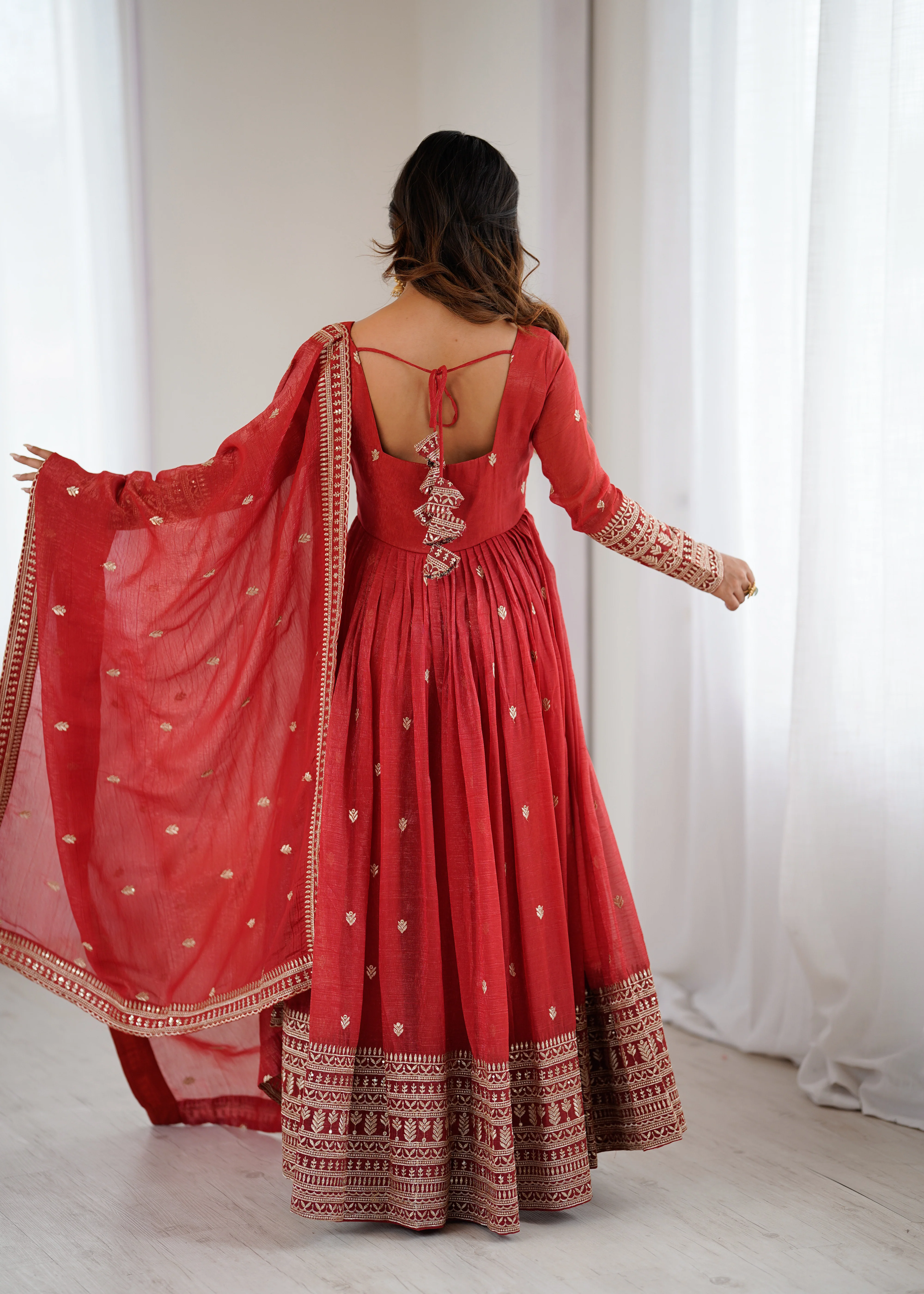 Pure Red Crunchy Silk Fancy Embroidery Suit Set With Dupatta - Image 8