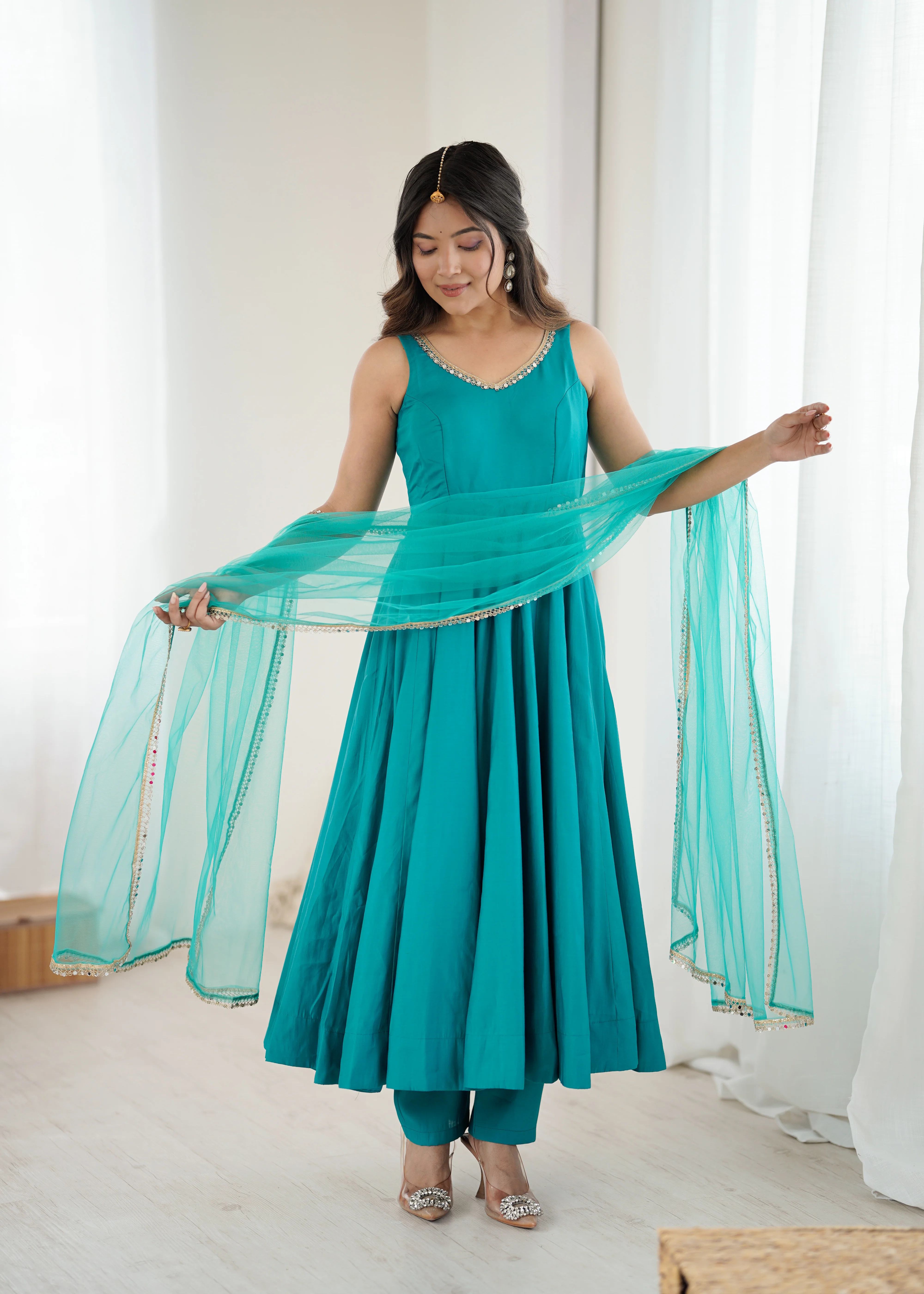 Rama Pure Roman Silk Flared Anarkali Set with Dupatta & Pant - Image 3