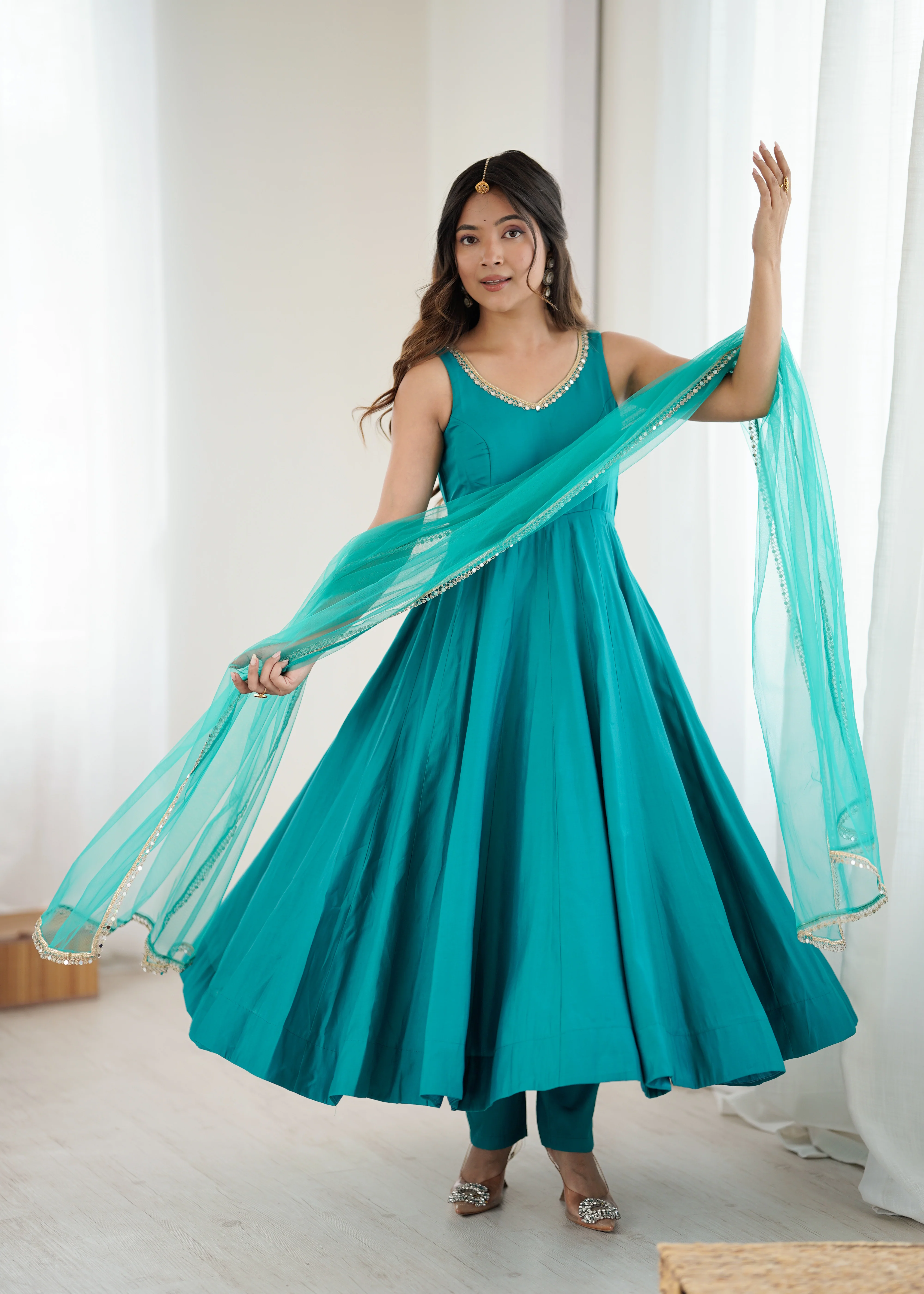 Rama Pure Roman Silk Flared Anarkali Set with Dupatta & Pant - Image 4