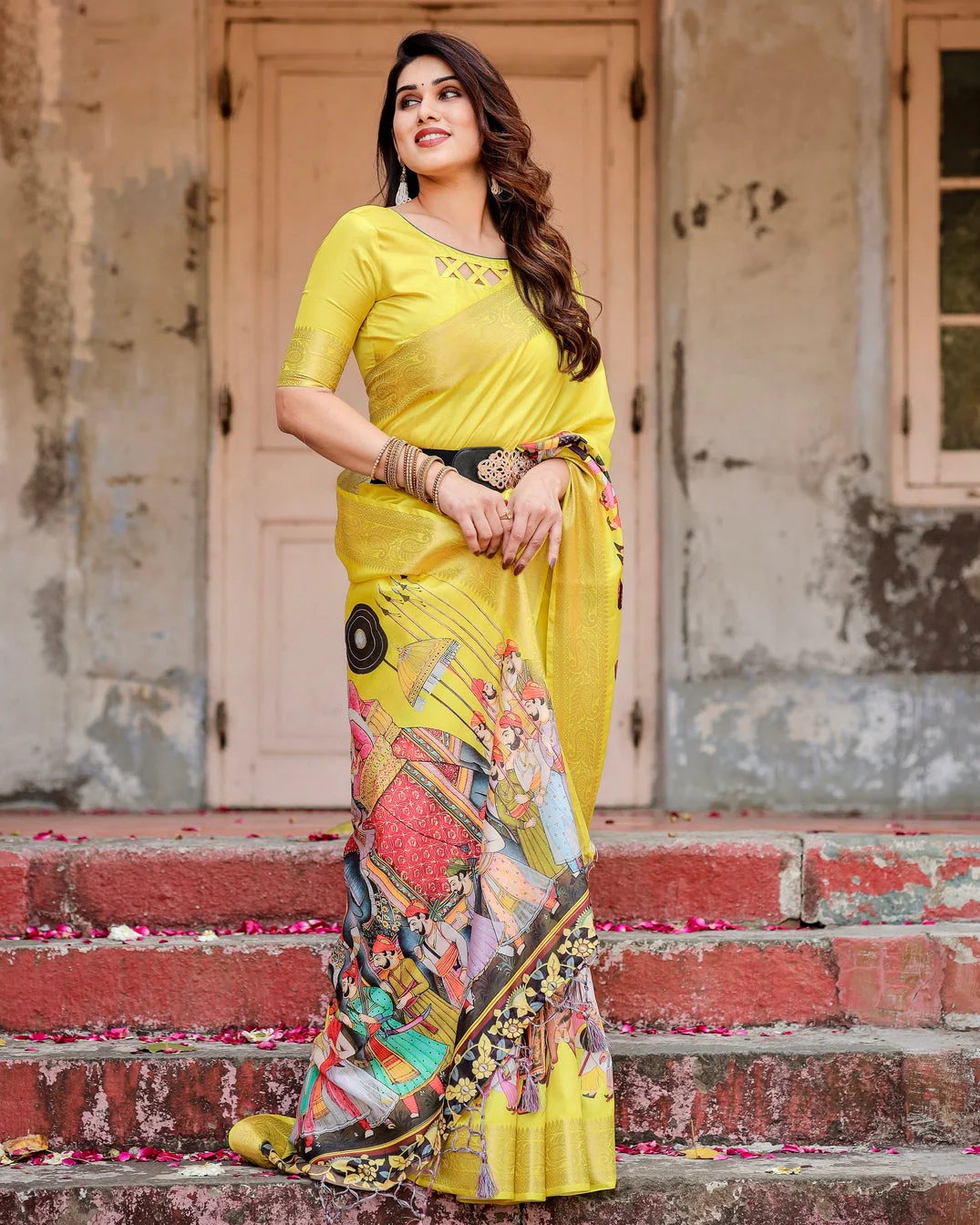Pure Silk Digitally Printed Saree Weaved With Golden Zari Comes With Tassels - Image 13
