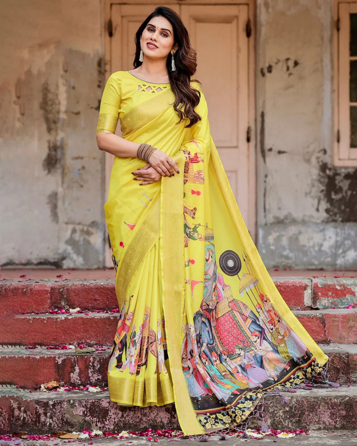Pure Silk Digitally Printed Saree Weaved With Golden Zari Comes With Tassels - Image 14