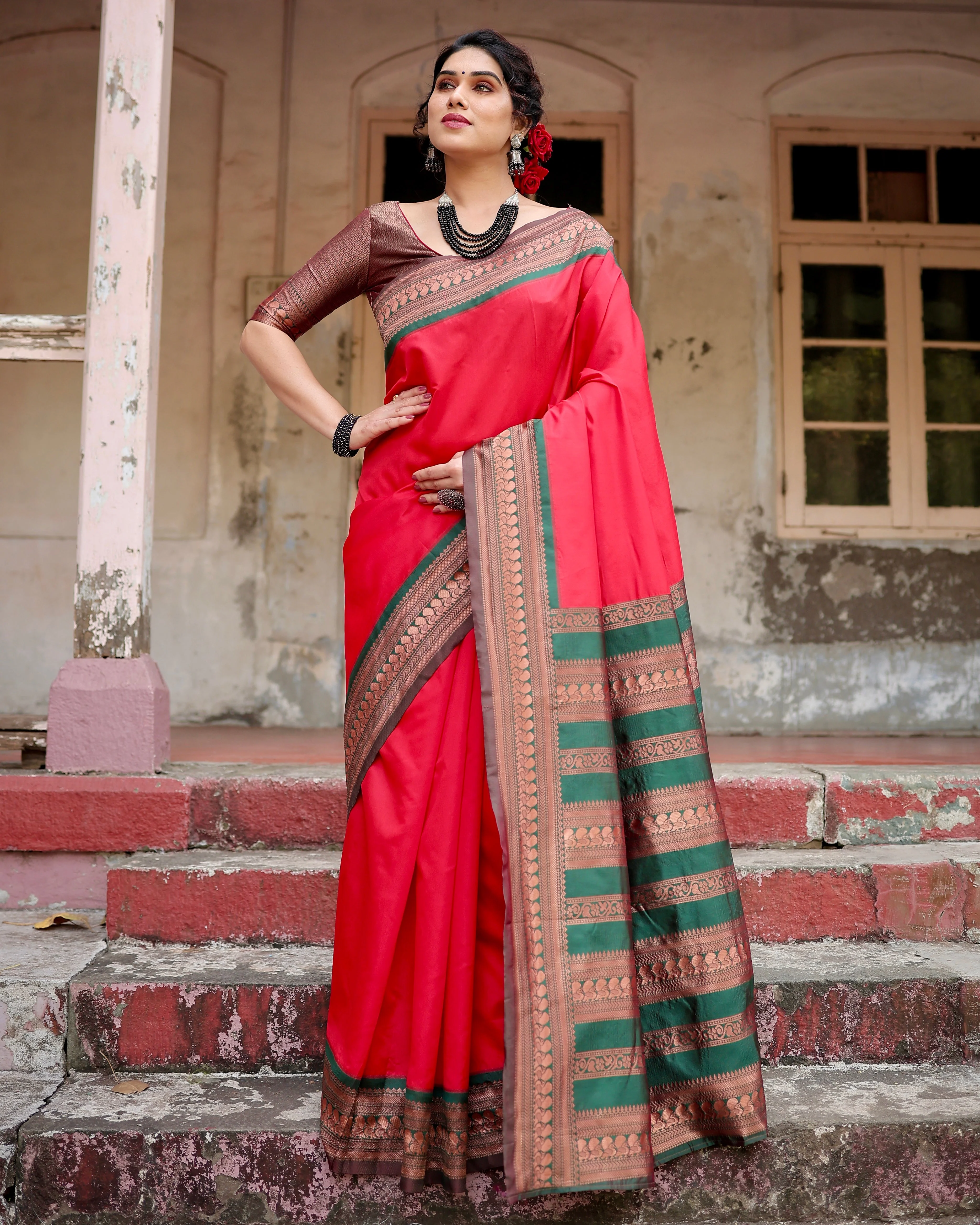Pure Silk Saree Weaved With Zari Comes With Heavy Banarasi Brocade Blouse - Image 7