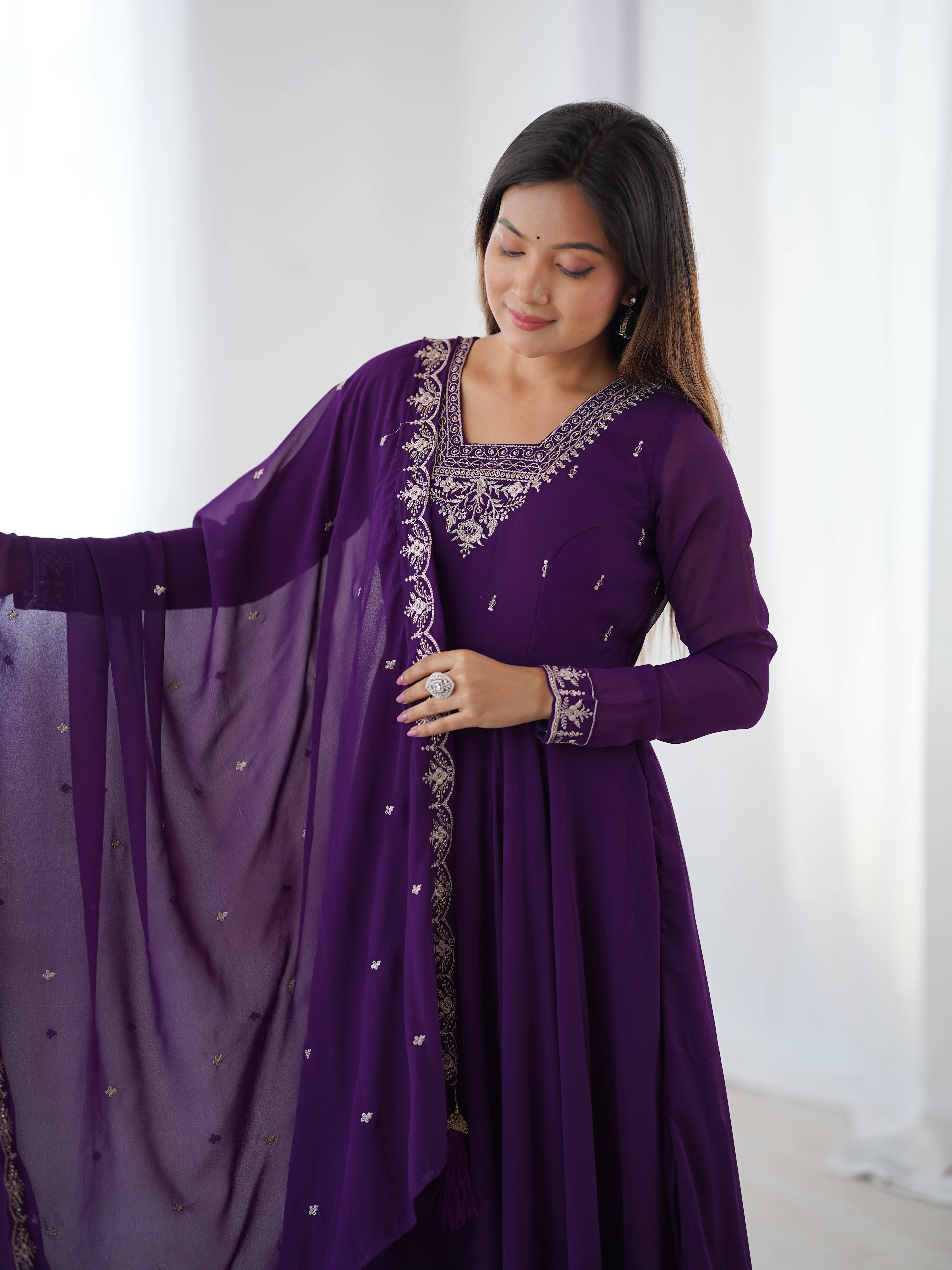 Pure Soft Faux Georgette Fully Flaired Anarkali Suit Comes With Duppatta & Pant - PURPLE - Image 10