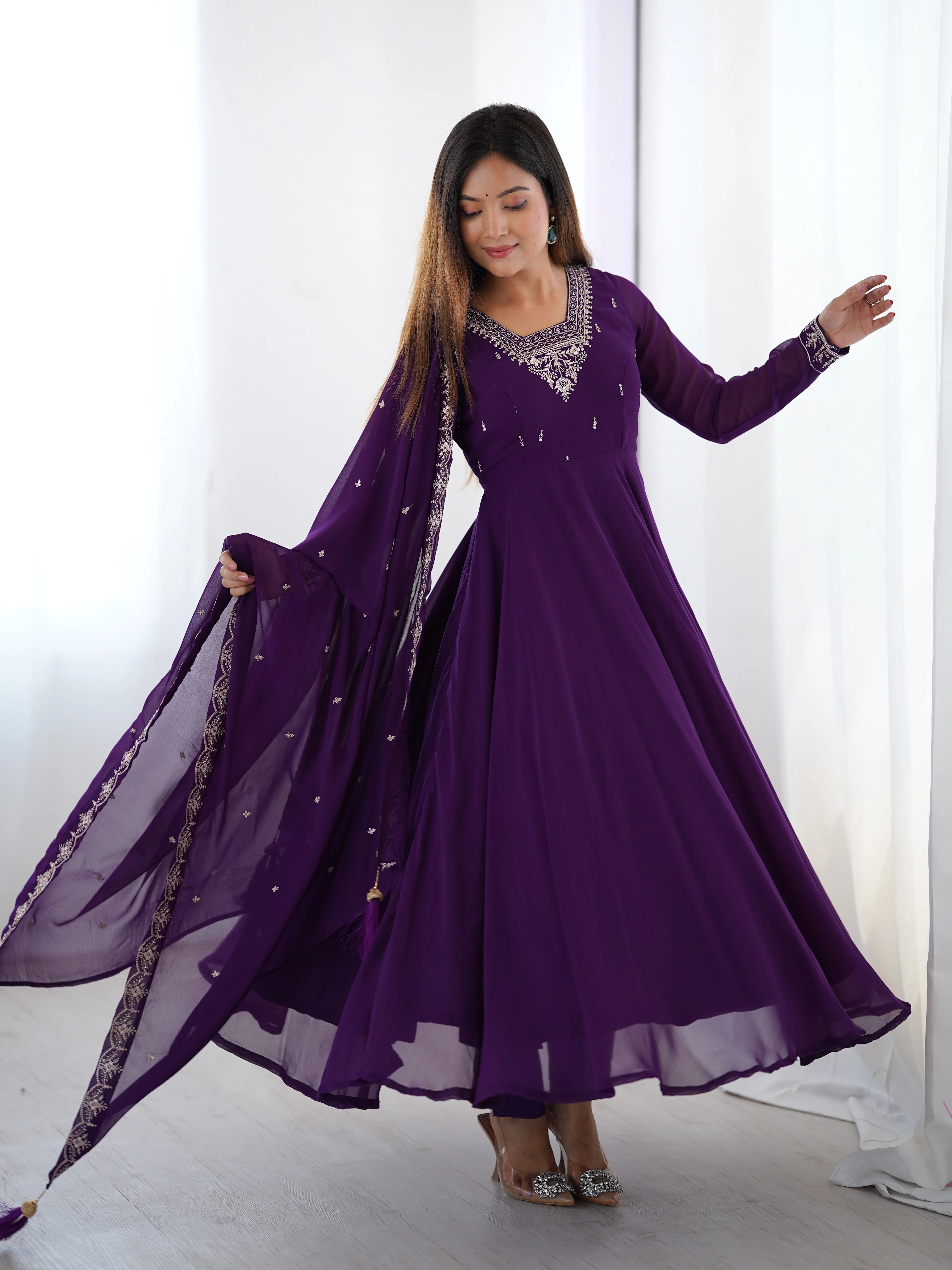 Pure Soft Faux Georgette Fully Flaired Anarkali Suit Comes With Duppatta & Pant - PURPLE - Image 2