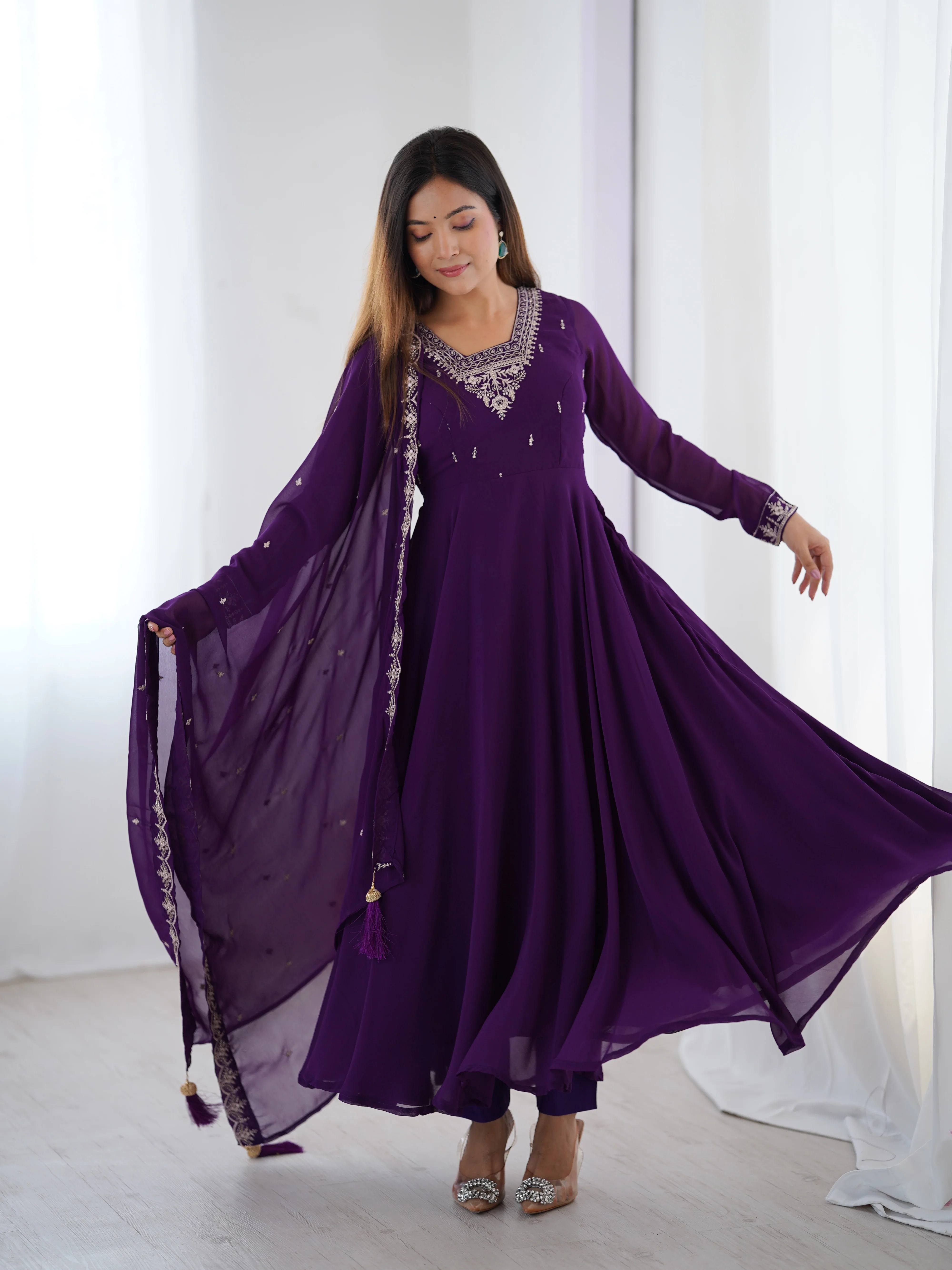 Pure Soft Faux Georgette Fully Flaired Anarkali Suit Comes With Duppatta & Pant - PURPLE - Image 3