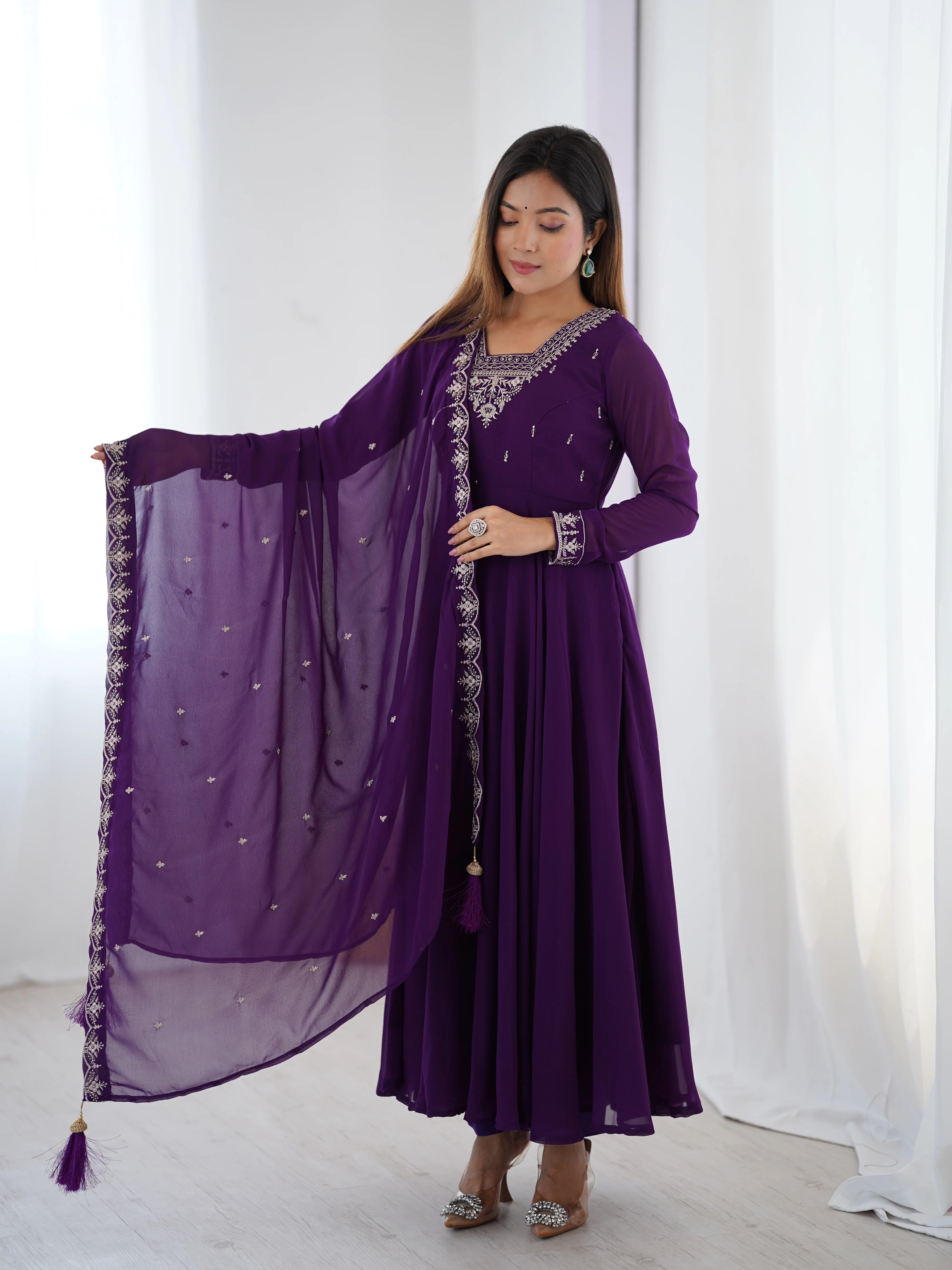 Pure Soft Faux Georgette Fully Flaired Anarkali Suit Comes With Duppatta & Pant - PURPLE - Image 5