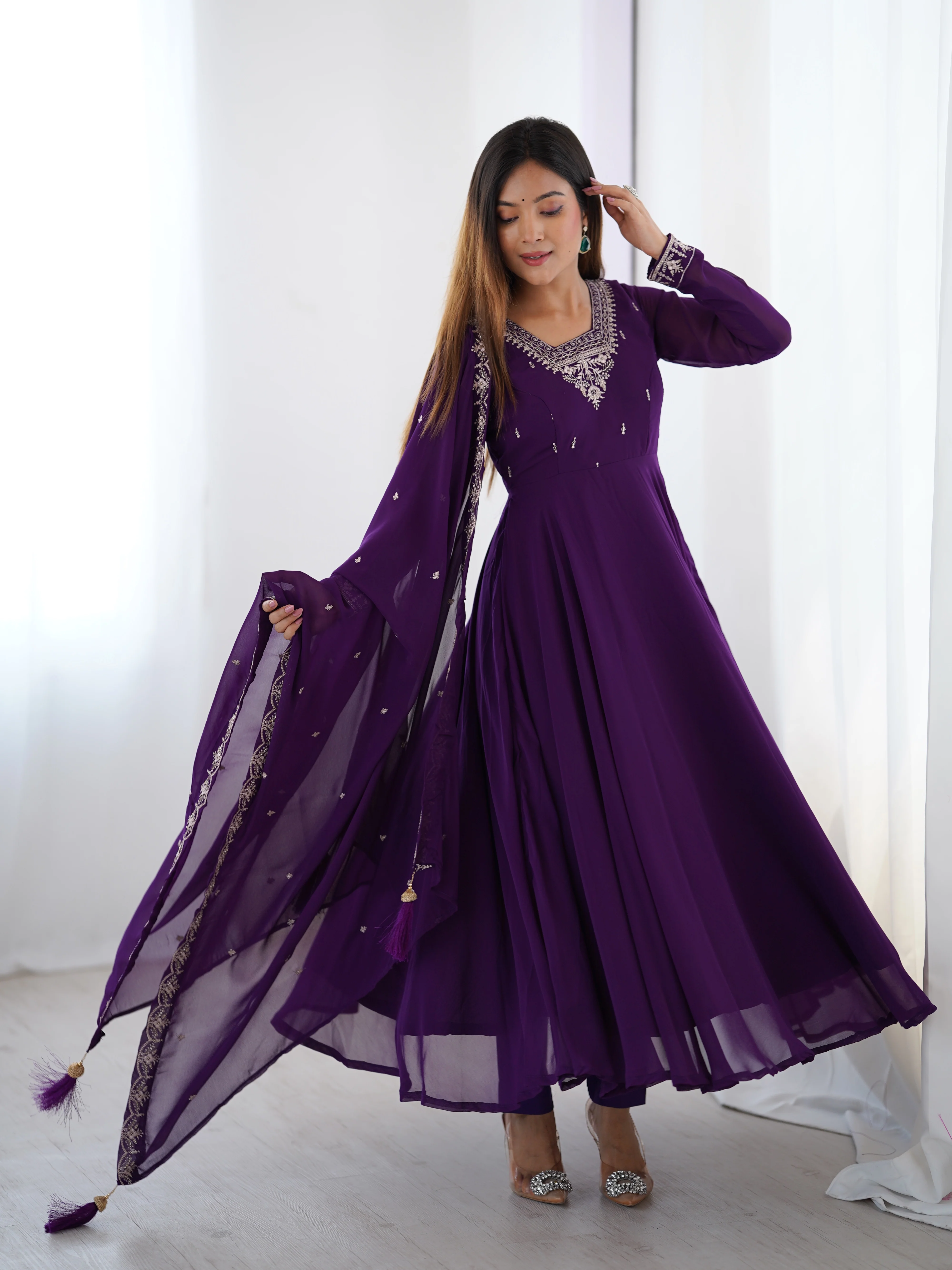Pure Soft Faux Georgette Fully Flaired Anarkali Suit Comes With Duppatta & Pant - PURPLE - Image 6