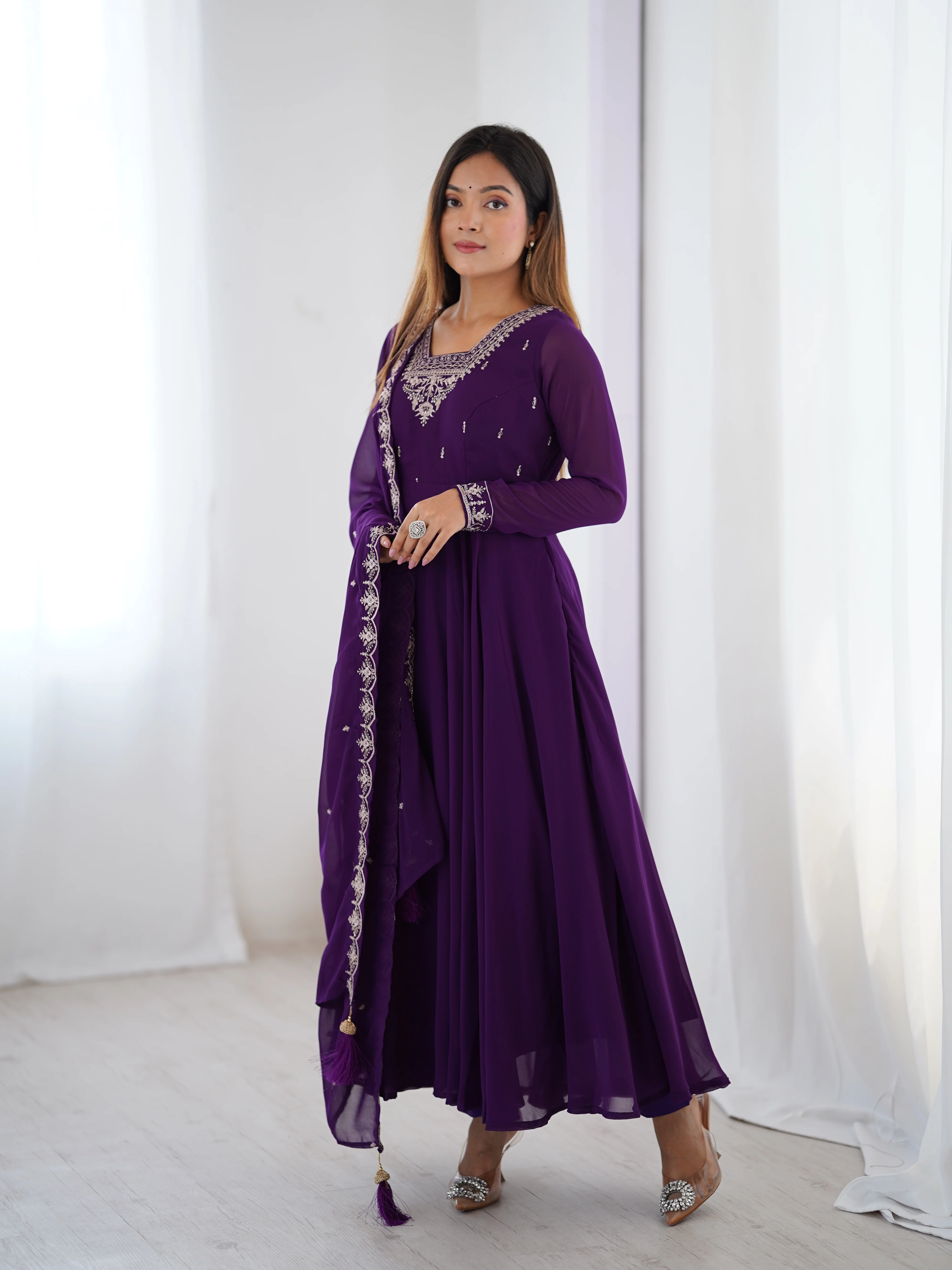 Pure Soft Faux Georgette Fully Flaired Anarkali Suit Comes With Duppatta & Pant - PURPLE - Image 7