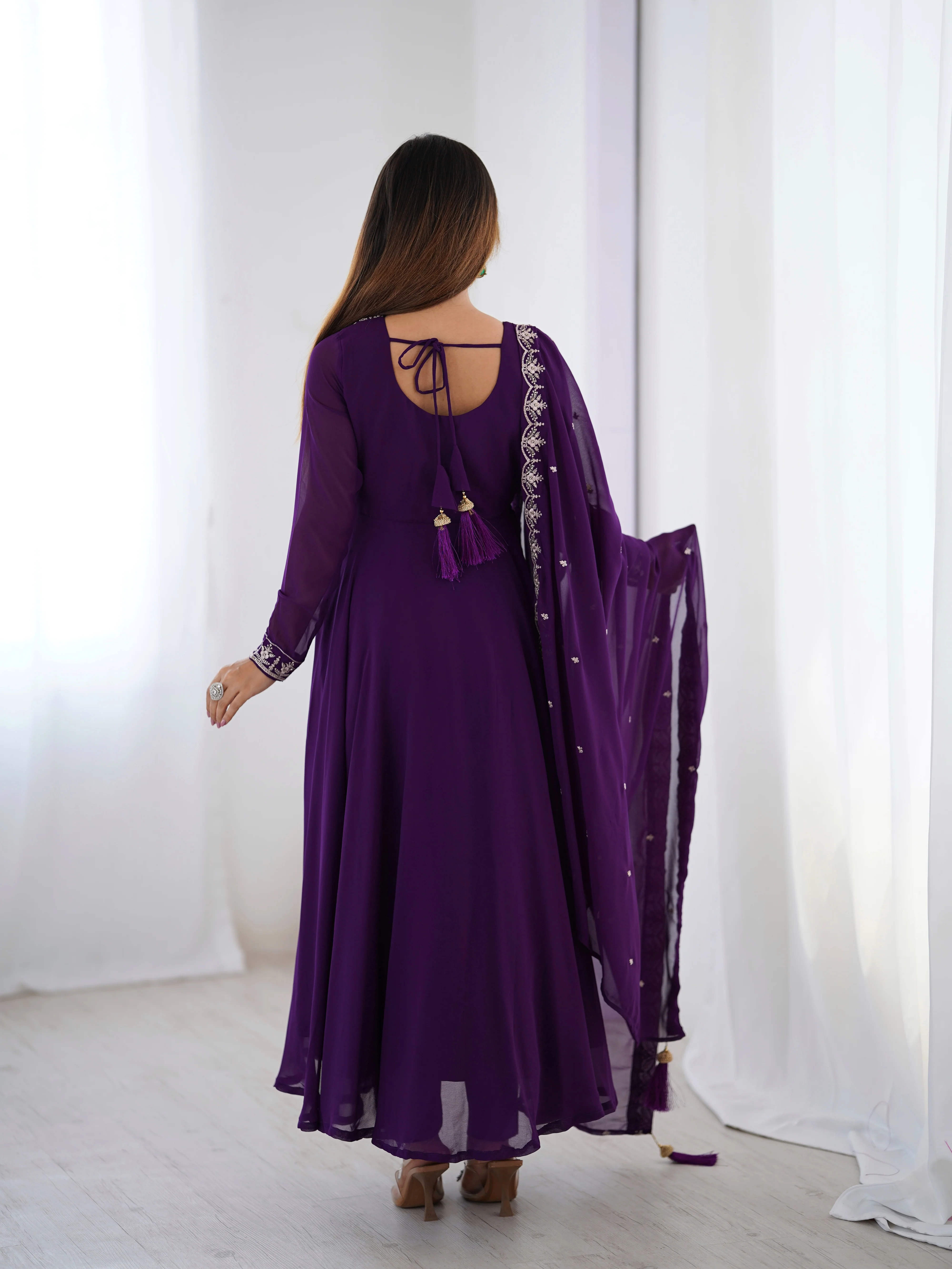 Pure Soft Faux Georgette Fully Flaired Anarkali Suit Comes With Duppatta & Pant - PURPLE - Image 8