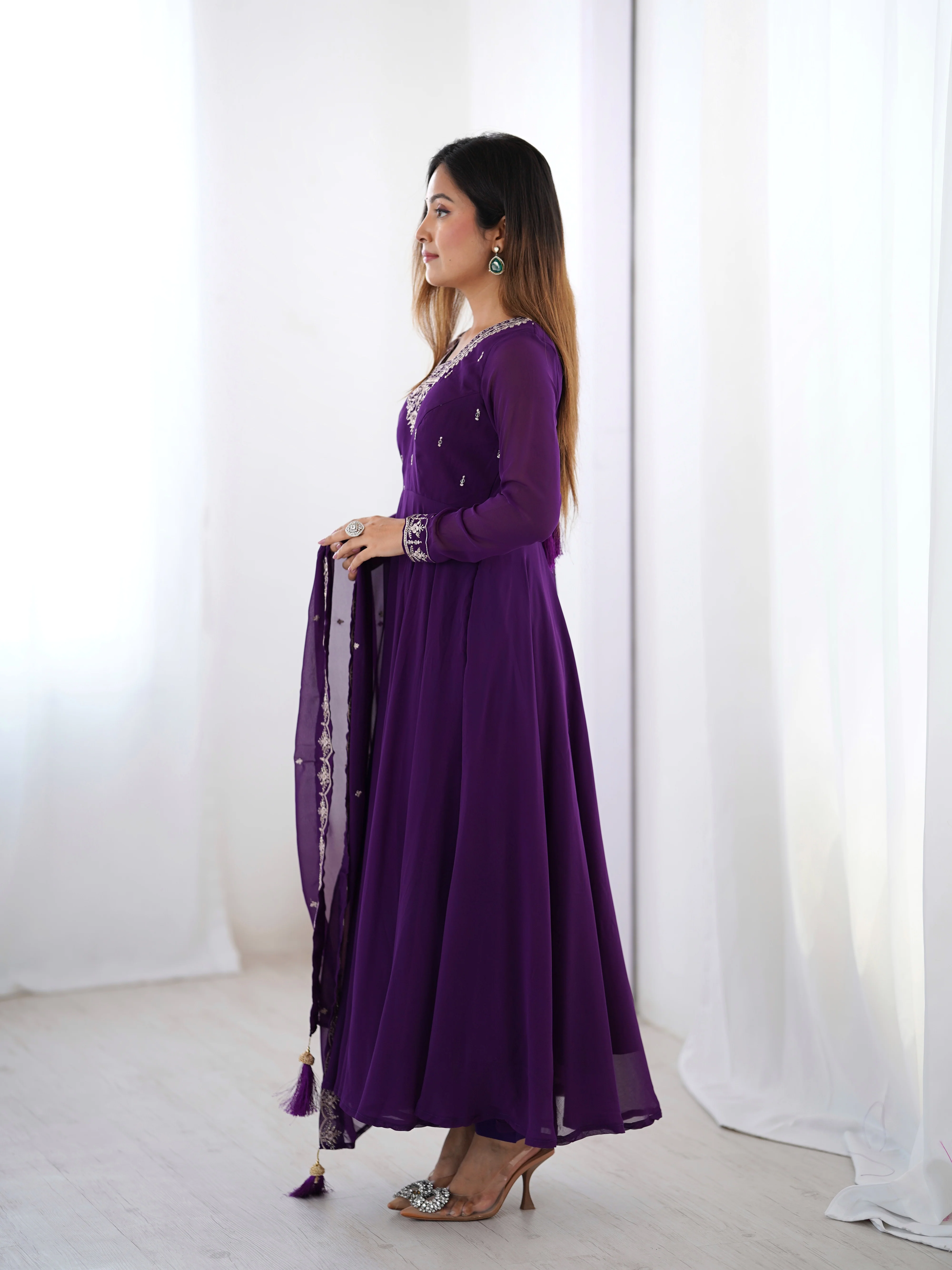 Pure Soft Faux Georgette Fully Flaired Anarkali Suit Comes With Duppatta & Pant - PURPLE - Image 9