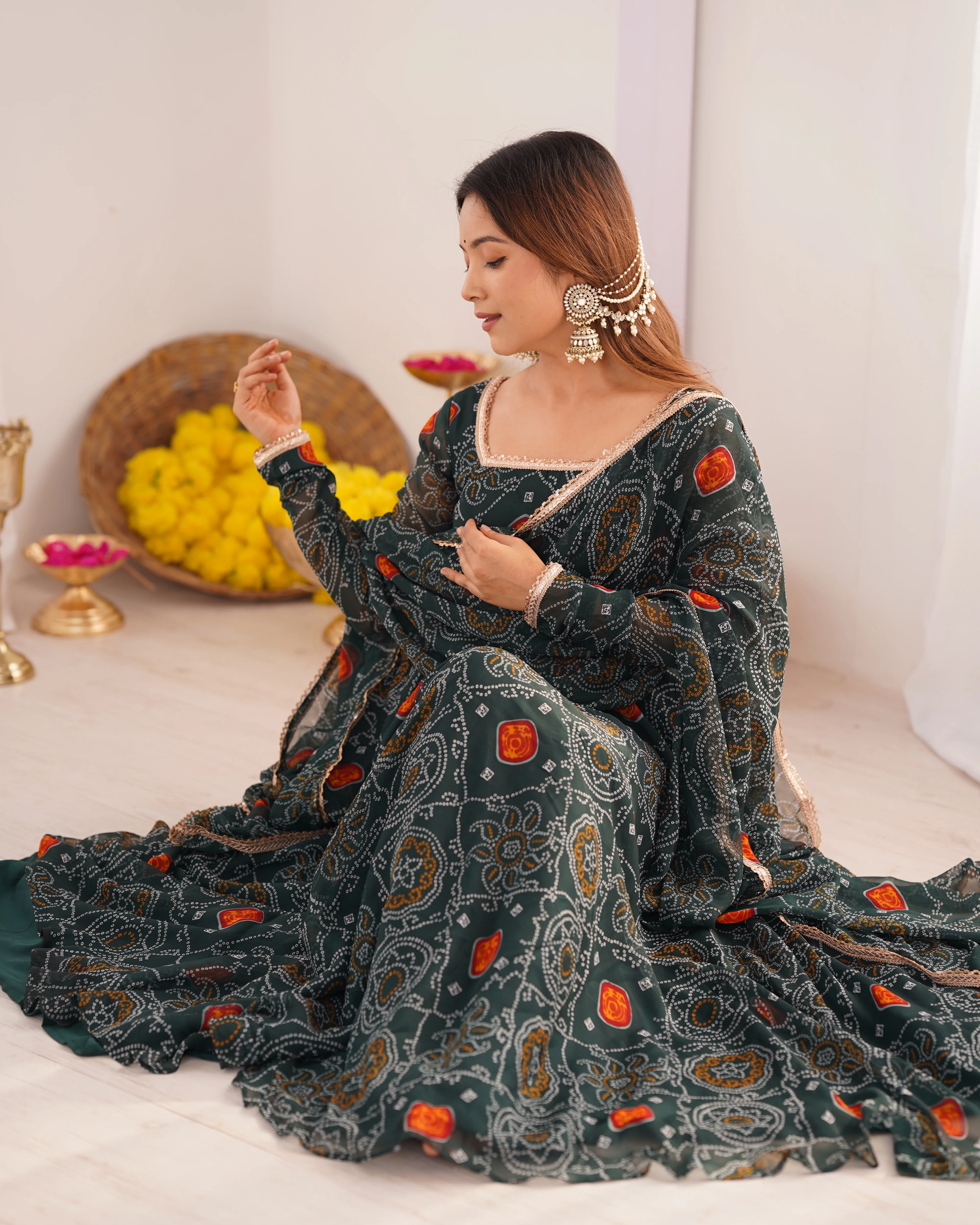 Pure Soft Light Weight Bandhej Fully Flaired Gown, Dupatta and Pent Set Ready to Wear Fully Stitched-Green - Image 5