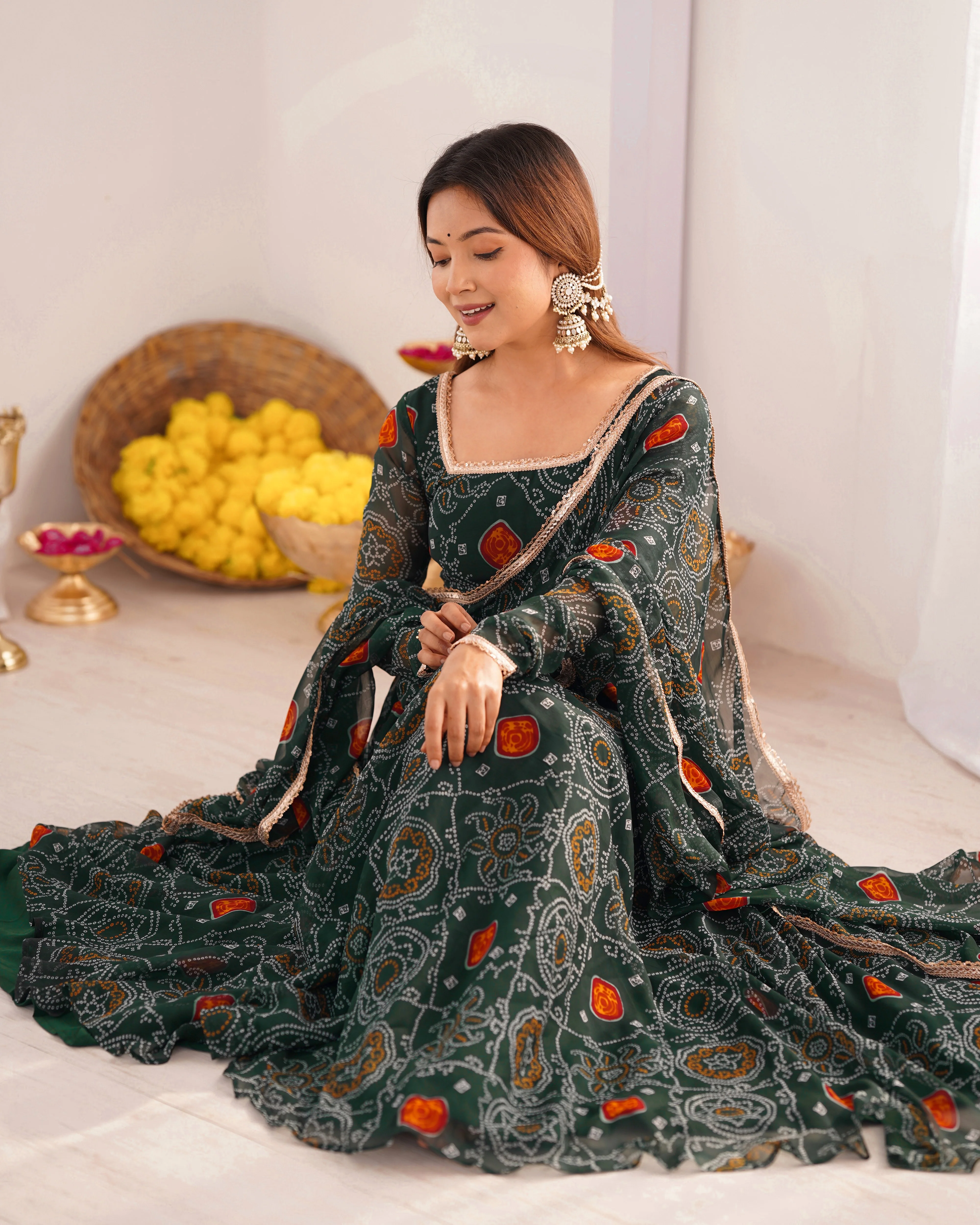 Pure Soft Light Weight Bandhej Fully Flaired Gown, Dupatta and Pent Set Ready to Wear Fully Stitched-Green - Image 6