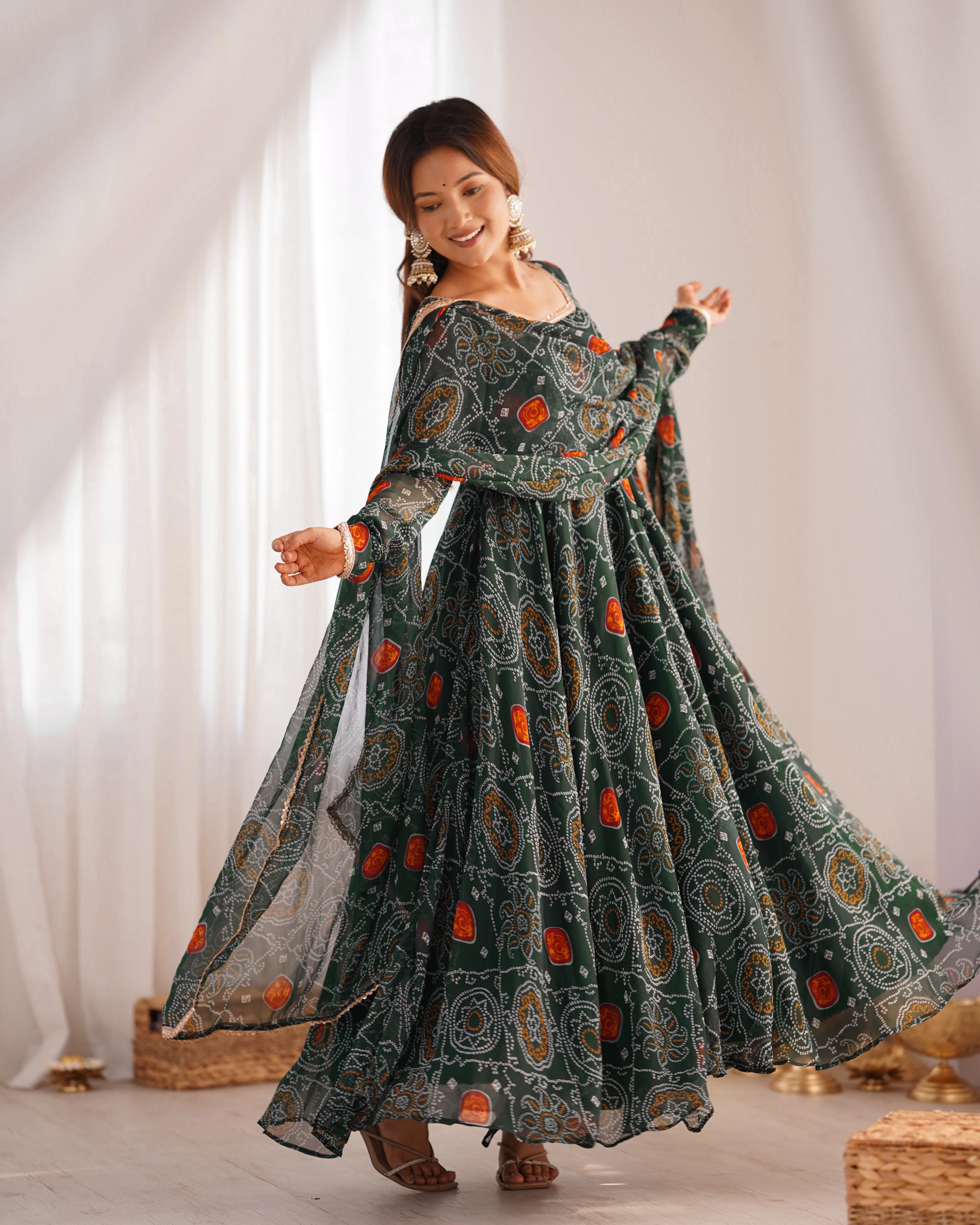 Pure Soft Light Weight Bandhej Fully Flaired Gown, Dupatta and Pent Set Ready to Wear Fully Stitched-Green - Image 8