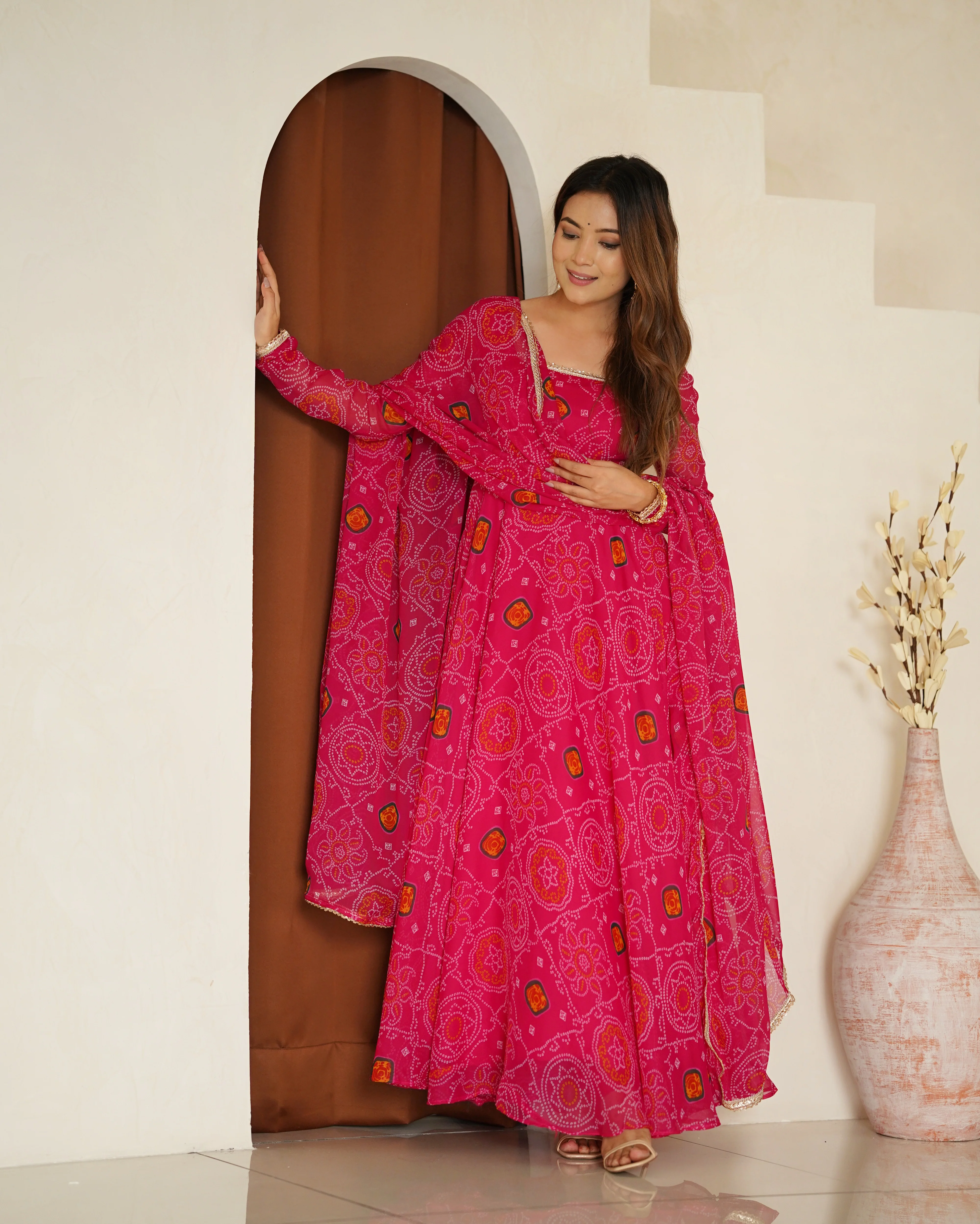Pure Soft Light Weight Bandhej Fully Flaired Gown, Dupatta and Pent Set Ready to Wear Fully Stitched-Rani - Image 2