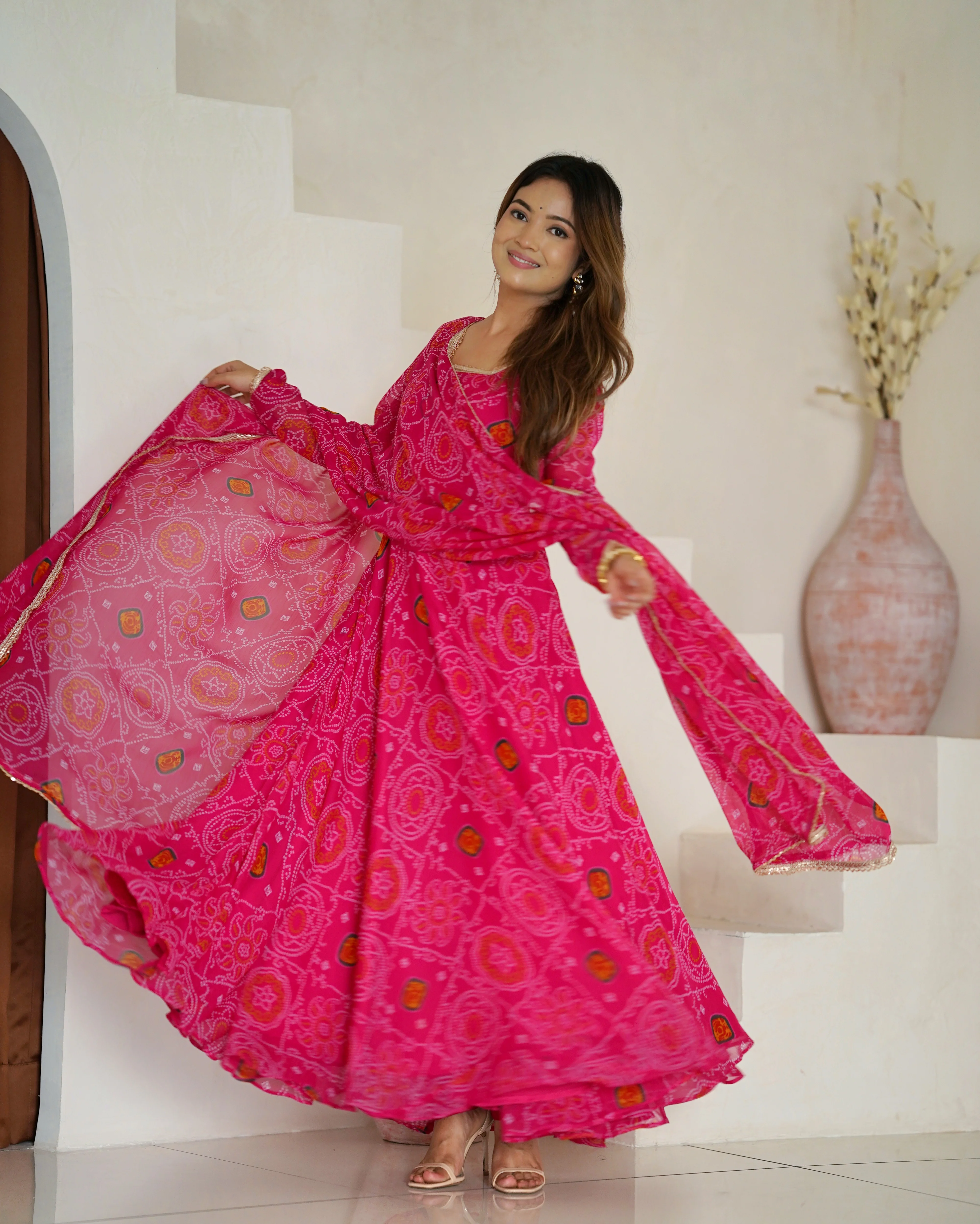 Pure Soft Light Weight Bandhej Fully Flaired Gown, Dupatta and Pent Set Ready to Wear Fully Stitched-Rani - Image 3