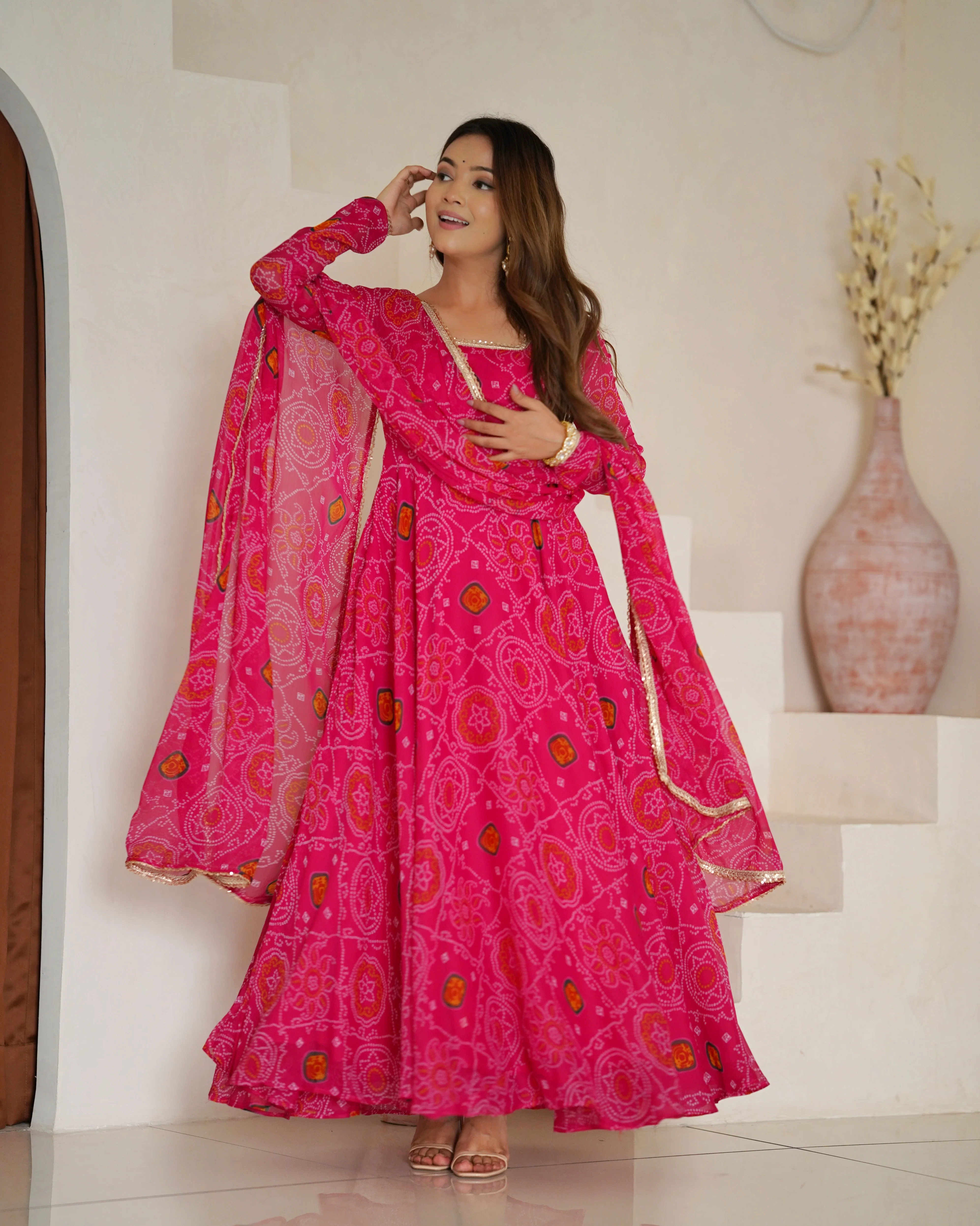 Pure Soft Light Weight Bandhej Fully Flaired Gown, Dupatta and Pent Set Ready to Wear Fully Stitched-Rani - Image 4