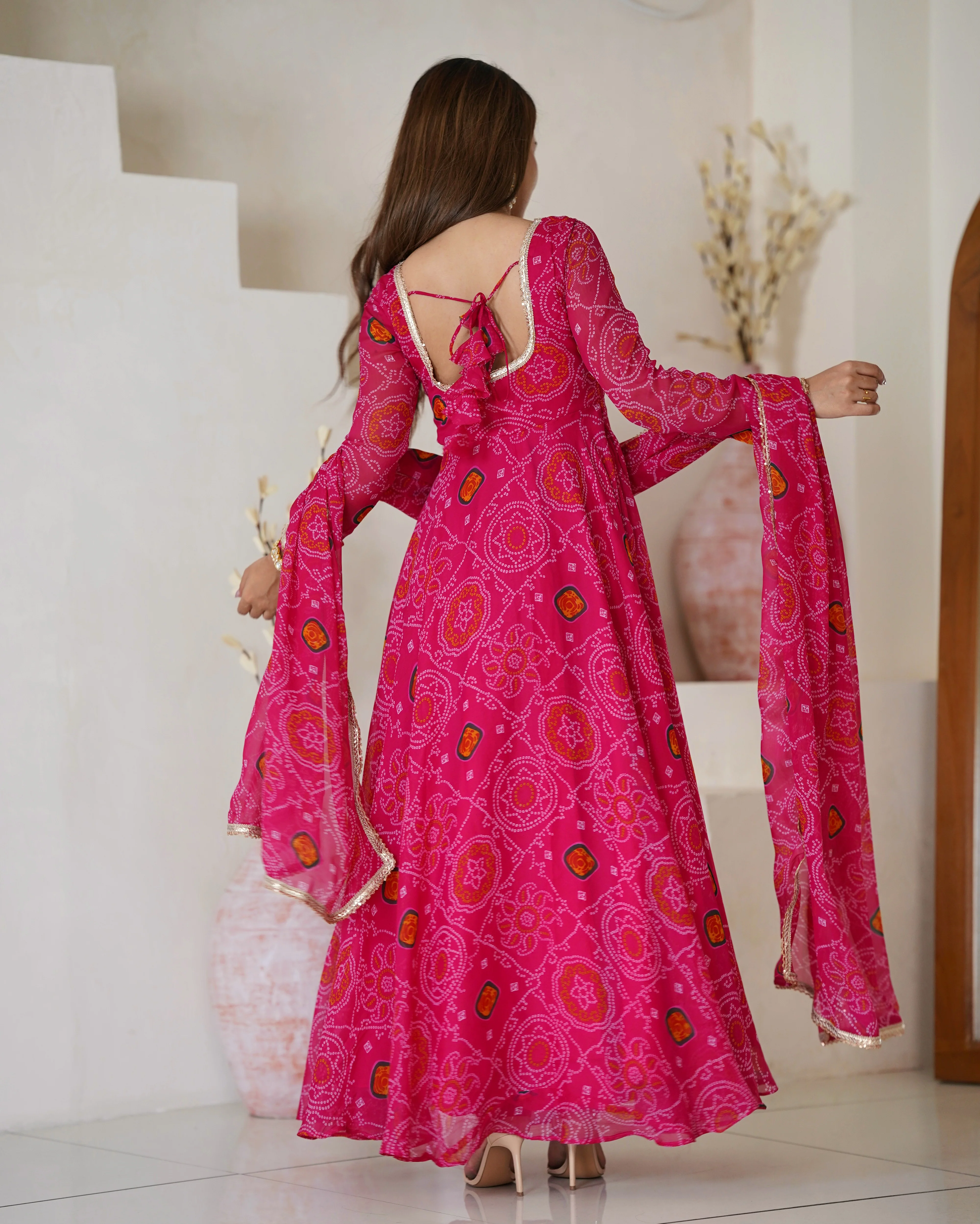 Pure Soft Light Weight Bandhej Fully Flaired Gown, Dupatta and Pent Set Ready to Wear Fully Stitched-Rani - Image 6
