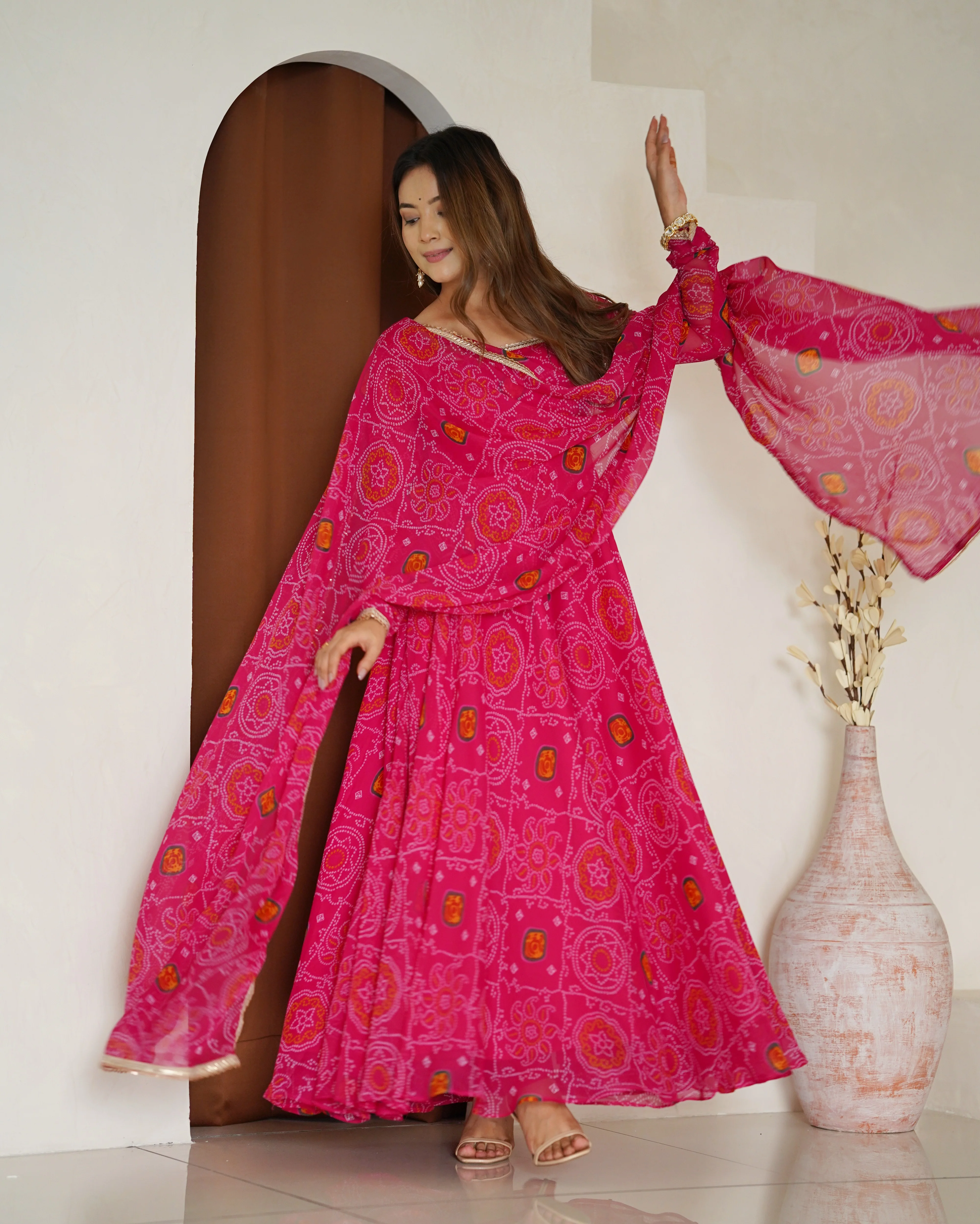 Pure Soft Light Weight Bandhej Fully Flaired Gown, Dupatta and Pent Set Ready to Wear Fully Stitched-Rani - Image 7