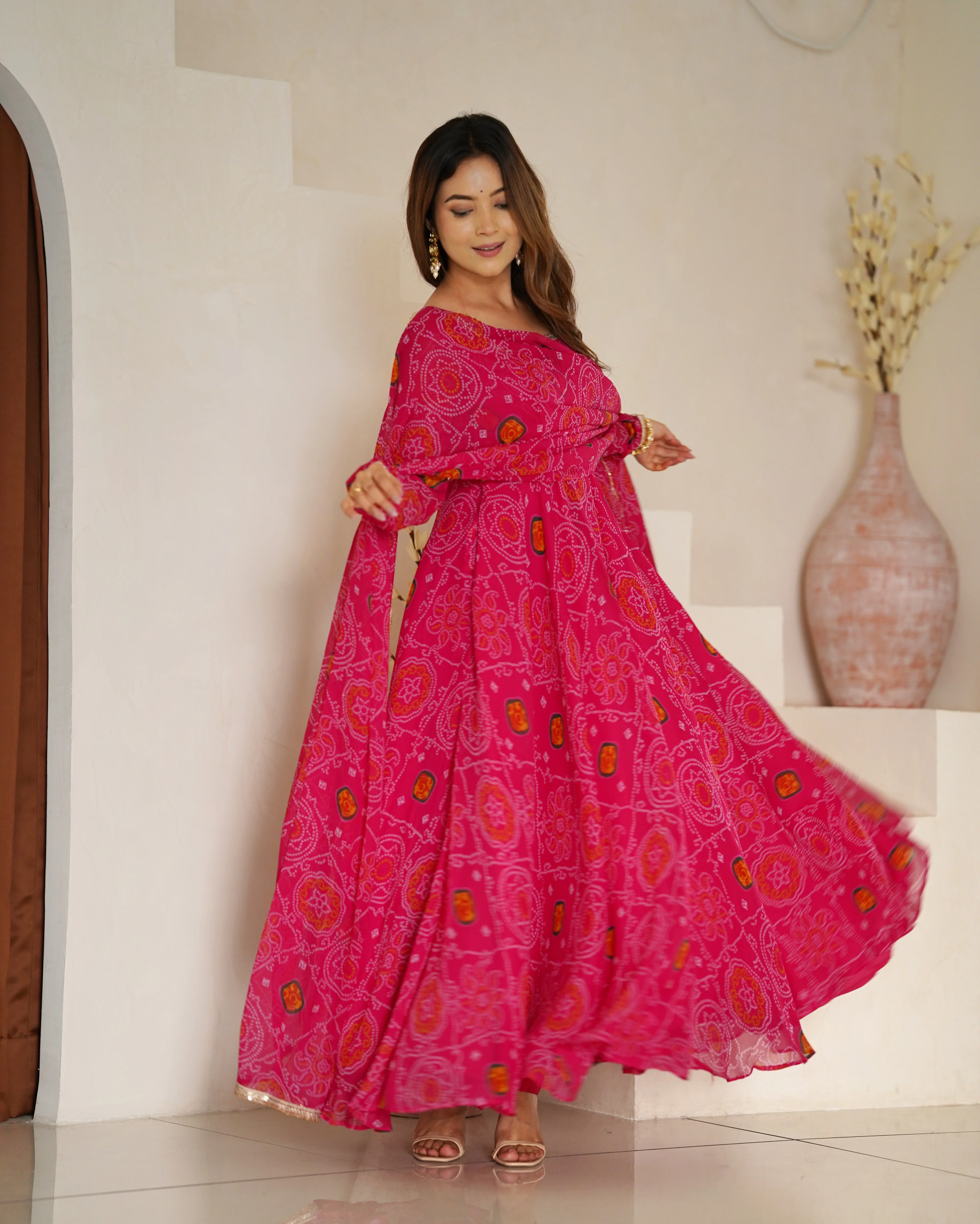 Pure Soft Light Weight Bandhej Fully Flaired Gown, Dupatta and Pent Set Ready to Wear Fully Stitched-Rani - Image 8