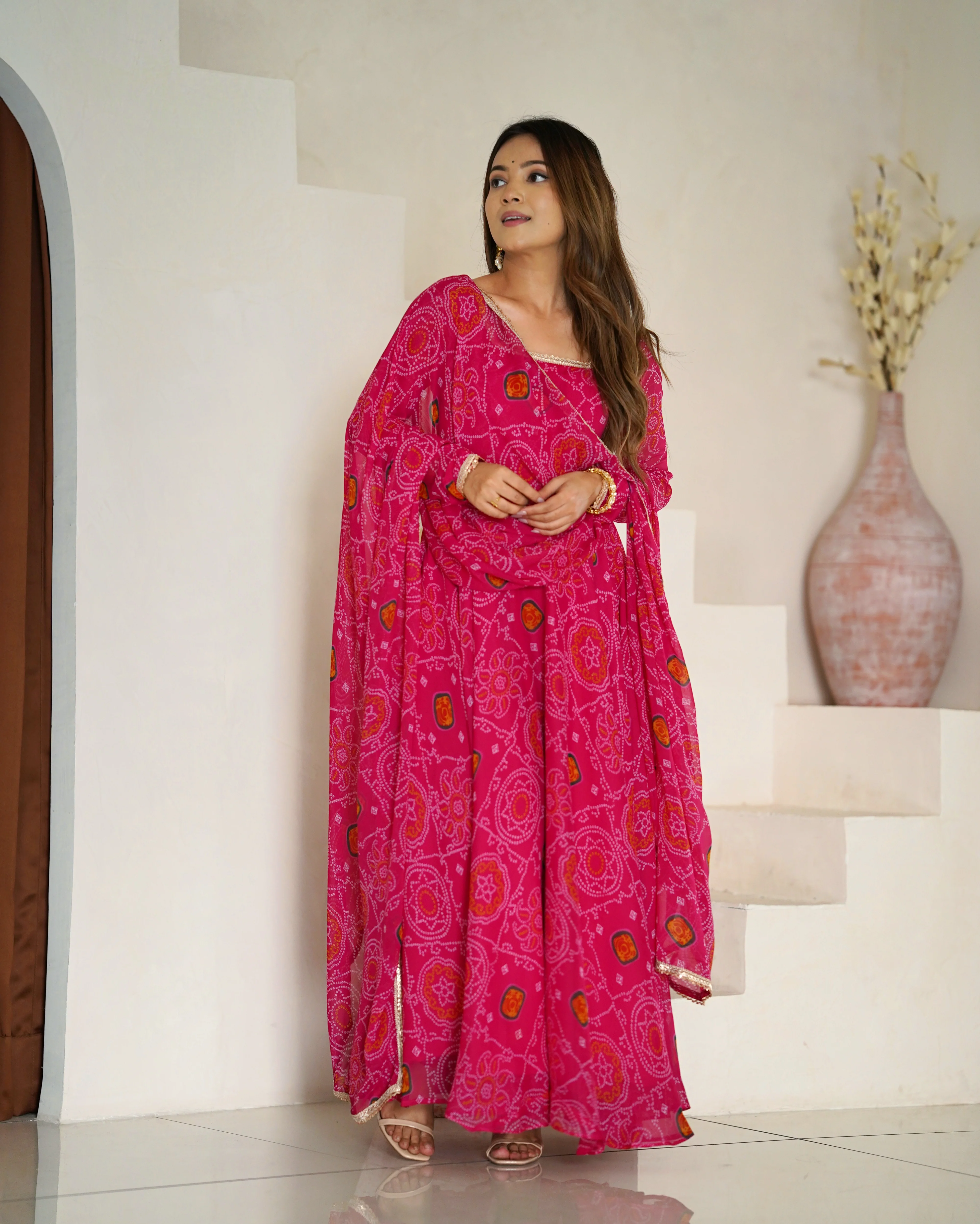 Pure Soft Light Weight Bandhej Fully Flaired Gown, Dupatta and Pent Set Ready to Wear Fully Stitched-Rani - Image 9