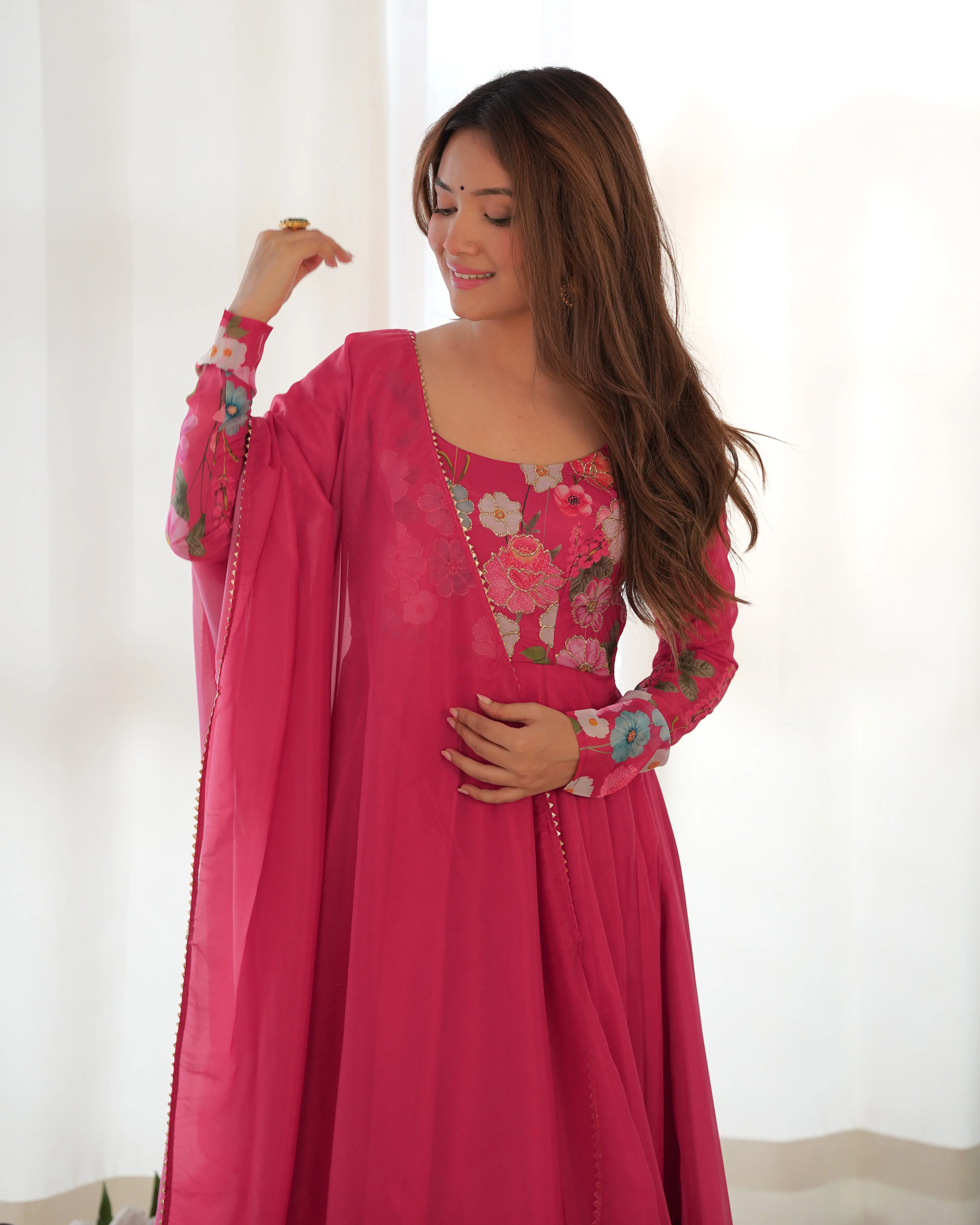 Pure Soft Organza Silk Fabric Fully Flair Kali Pattern and Canvas Patta With Dupatta Set ,Pent Ready to Wear - Pink - Image 2