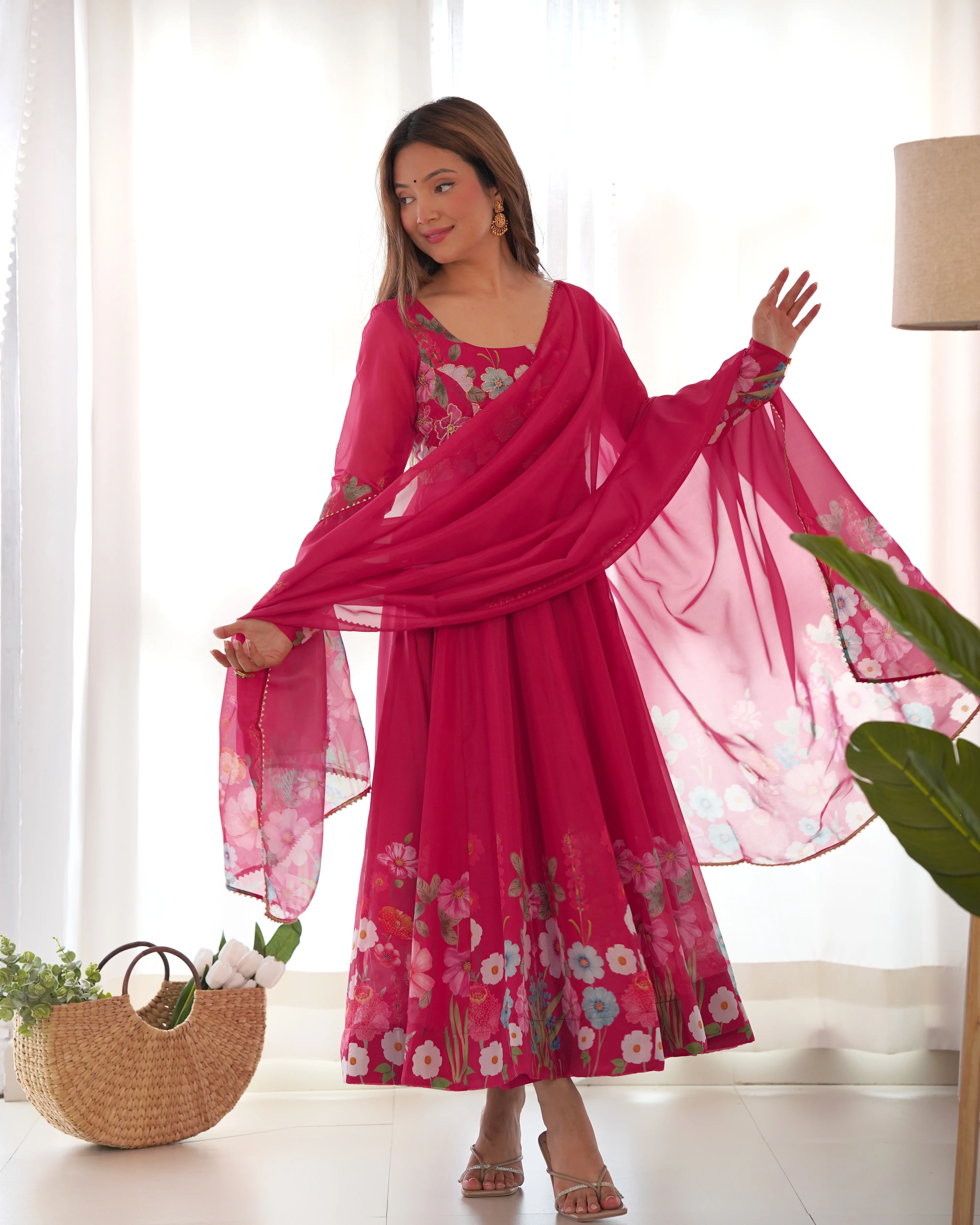 Pure Soft Organza Silk Fabric Fully Flair Kali Pattern and Canvas Patta With Dupatta Set ,Pent Ready to Wear - Pink - Image 3
