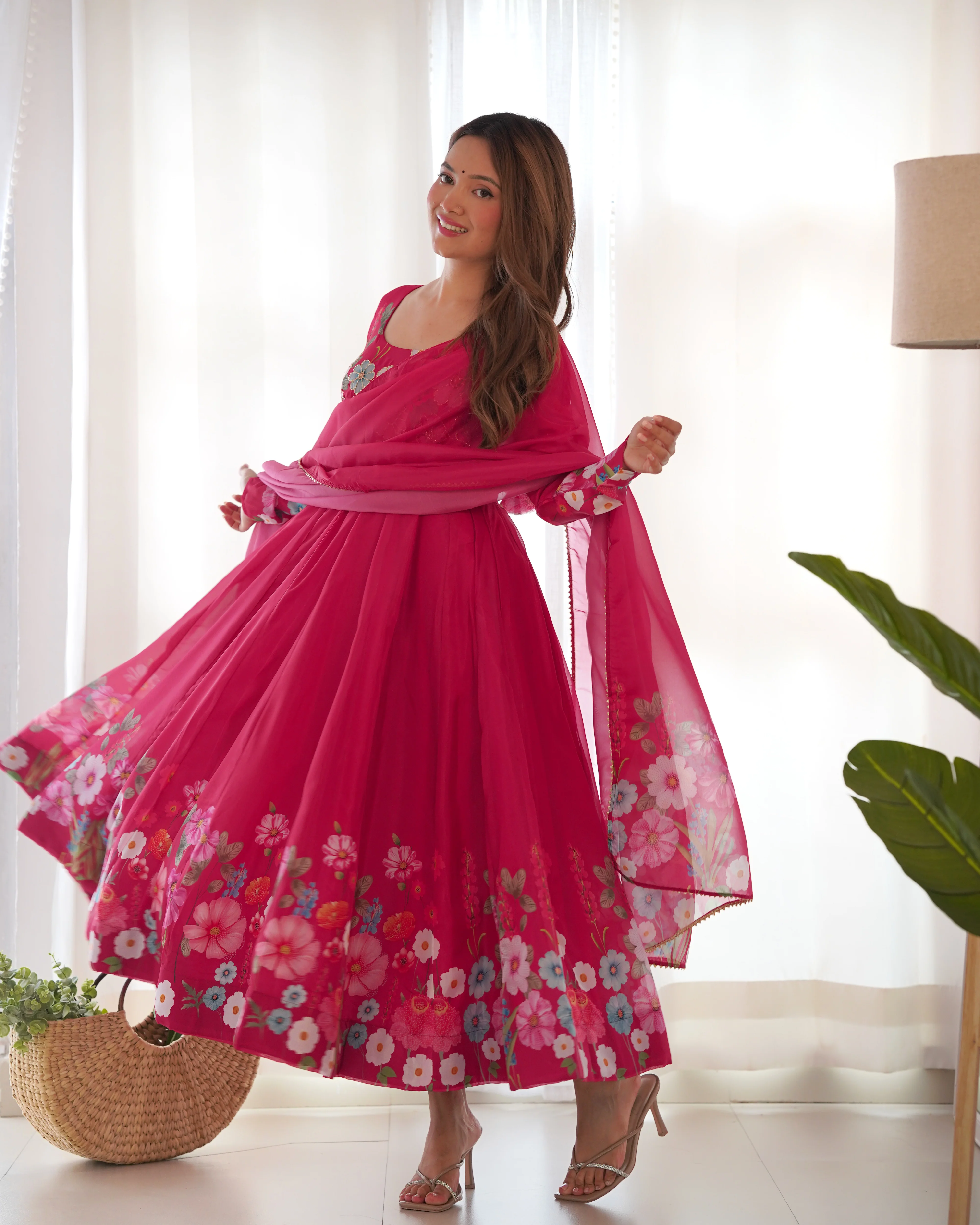 Pure Soft Organza Silk Fabric Fully Flair Kali Pattern and Canvas Patta With Dupatta Set ,Pent Ready to Wear - Pink - Image 5