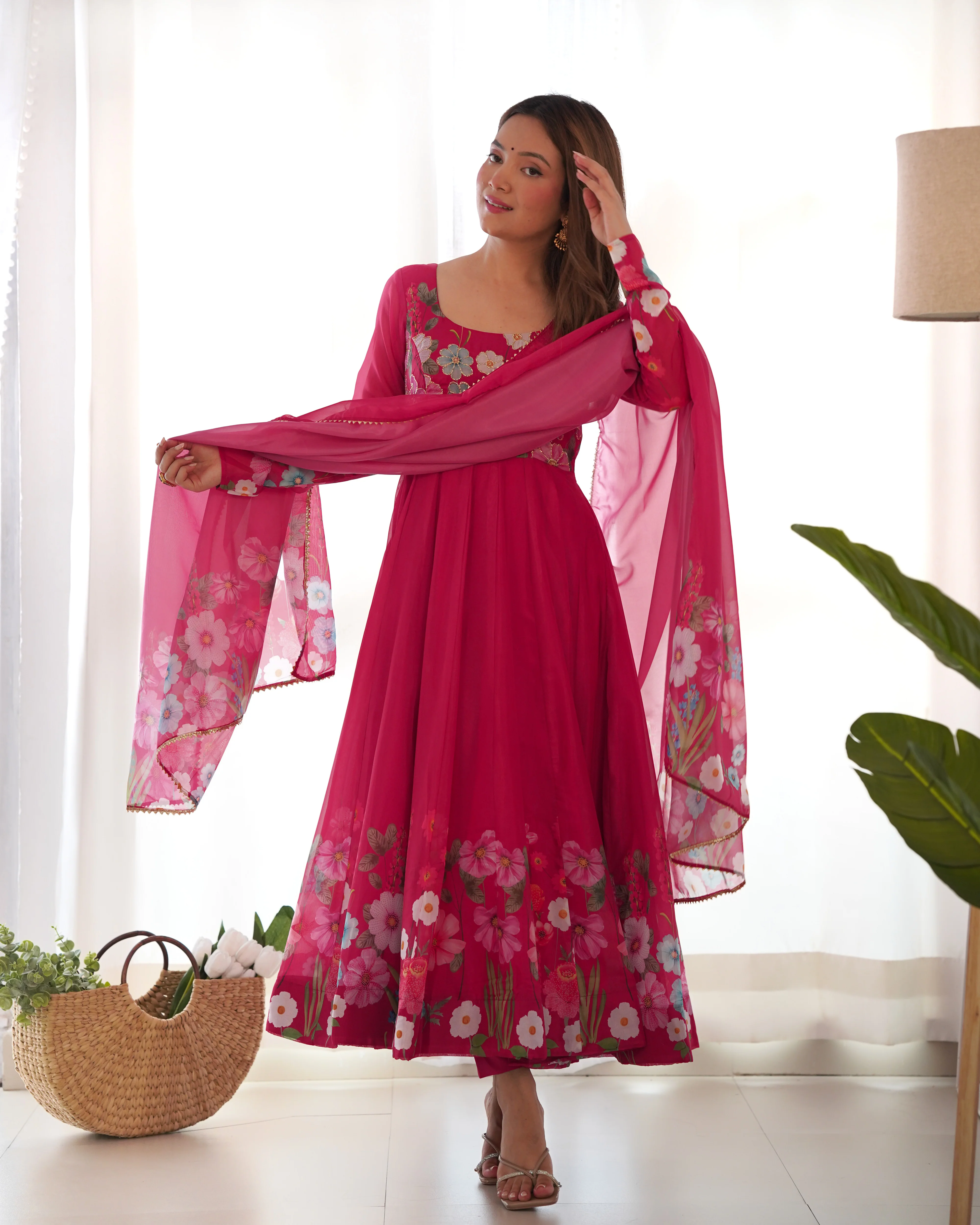 Pure Soft Organza Silk Fabric Fully Flair Kali Pattern and Canvas Patta With Dupatta Set ,Pent Ready to Wear - Pink - Image 6