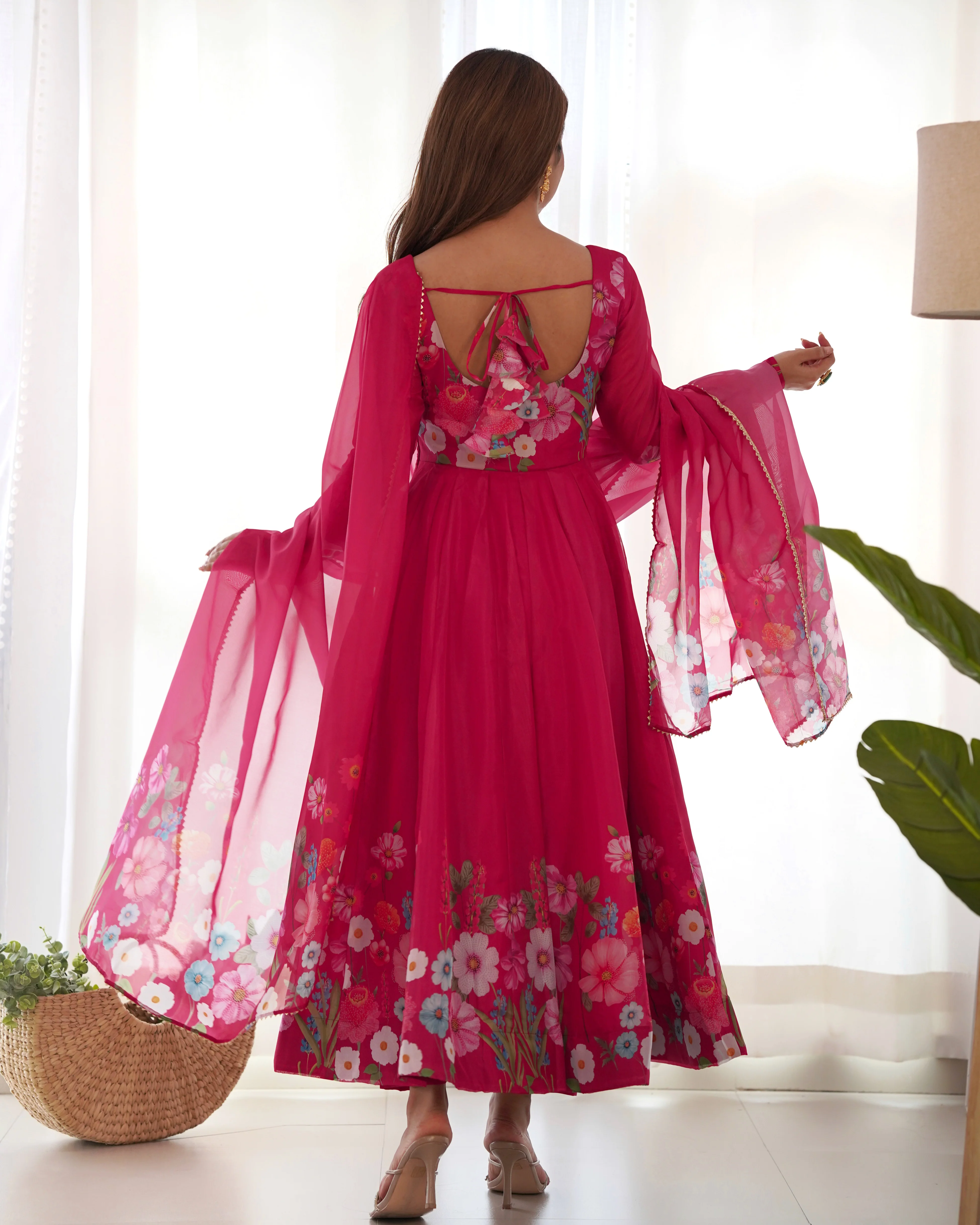 Pure Soft Organza Silk Fabric Fully Flair Kali Pattern and Canvas Patta With Dupatta Set ,Pent Ready to Wear - Pink - Image 8