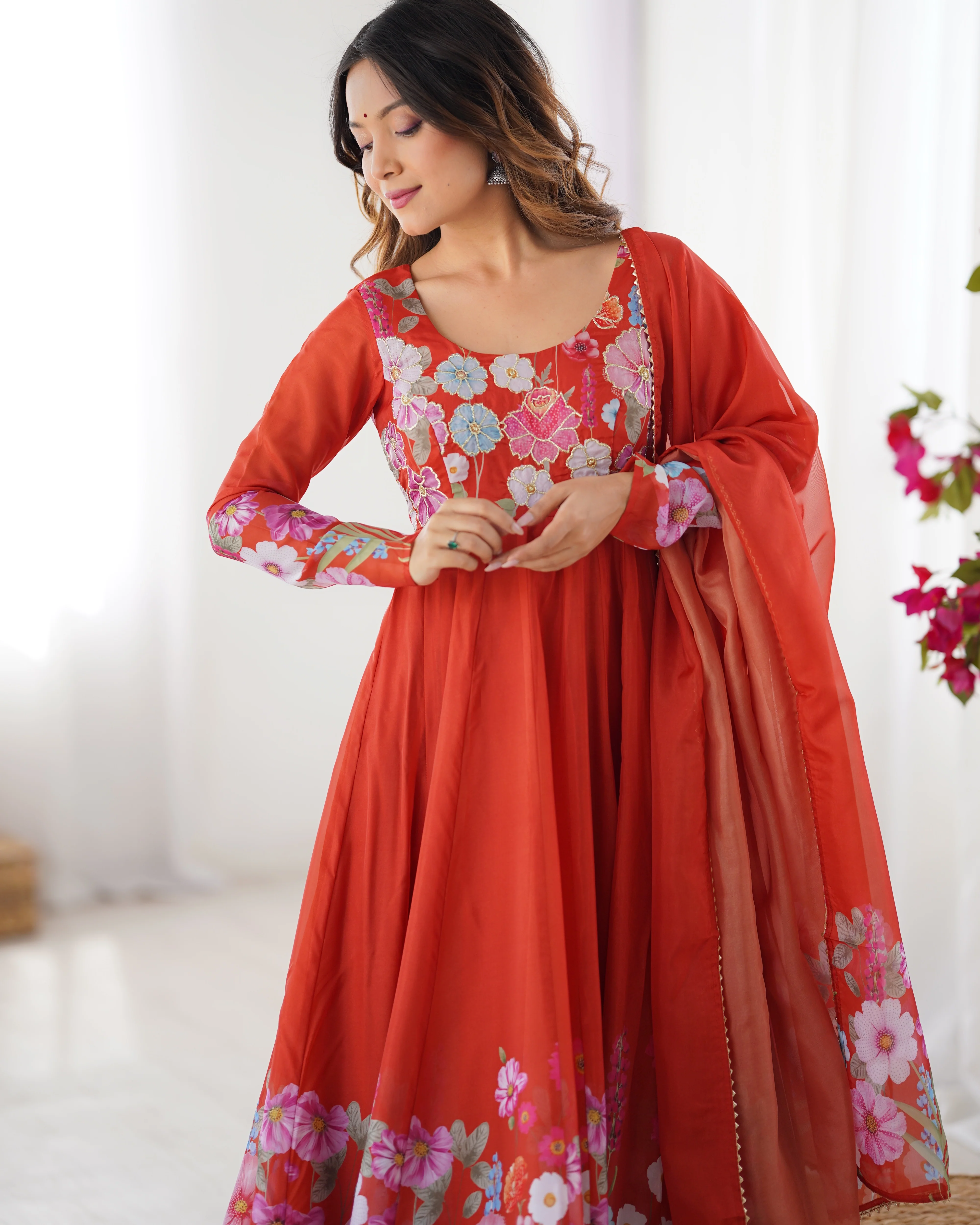 Pure Soft Organza Silk Fabric Fully Flair Kali Pattern and Canvas Patta With Dupatta Set ,Pent Ready to Wear - Rust - Image 2