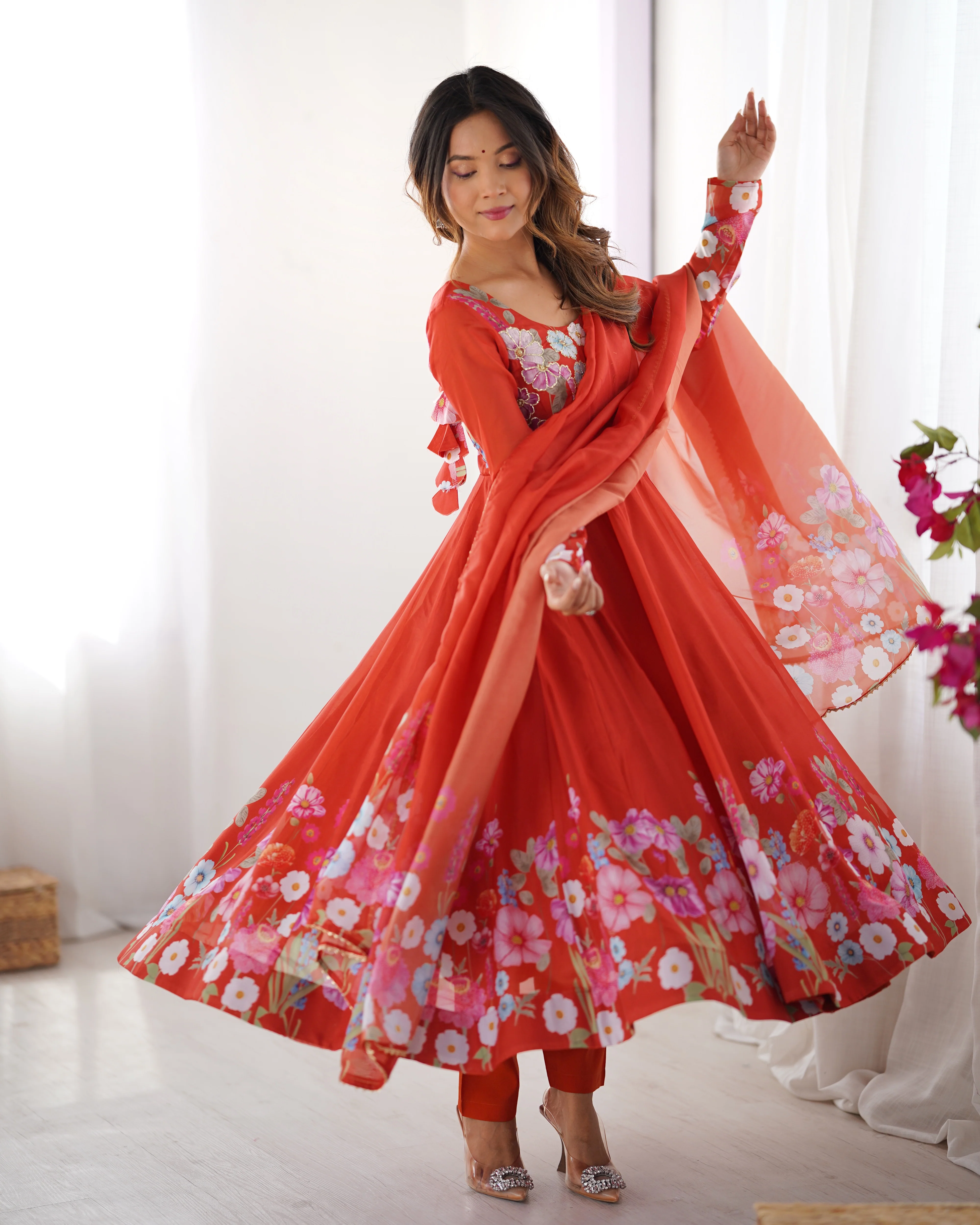 Pure Soft Organza Silk Fabric Fully Flair Kali Pattern and Canvas Patta With Dupatta Set ,Pent Ready to Wear - Rust - Image 3