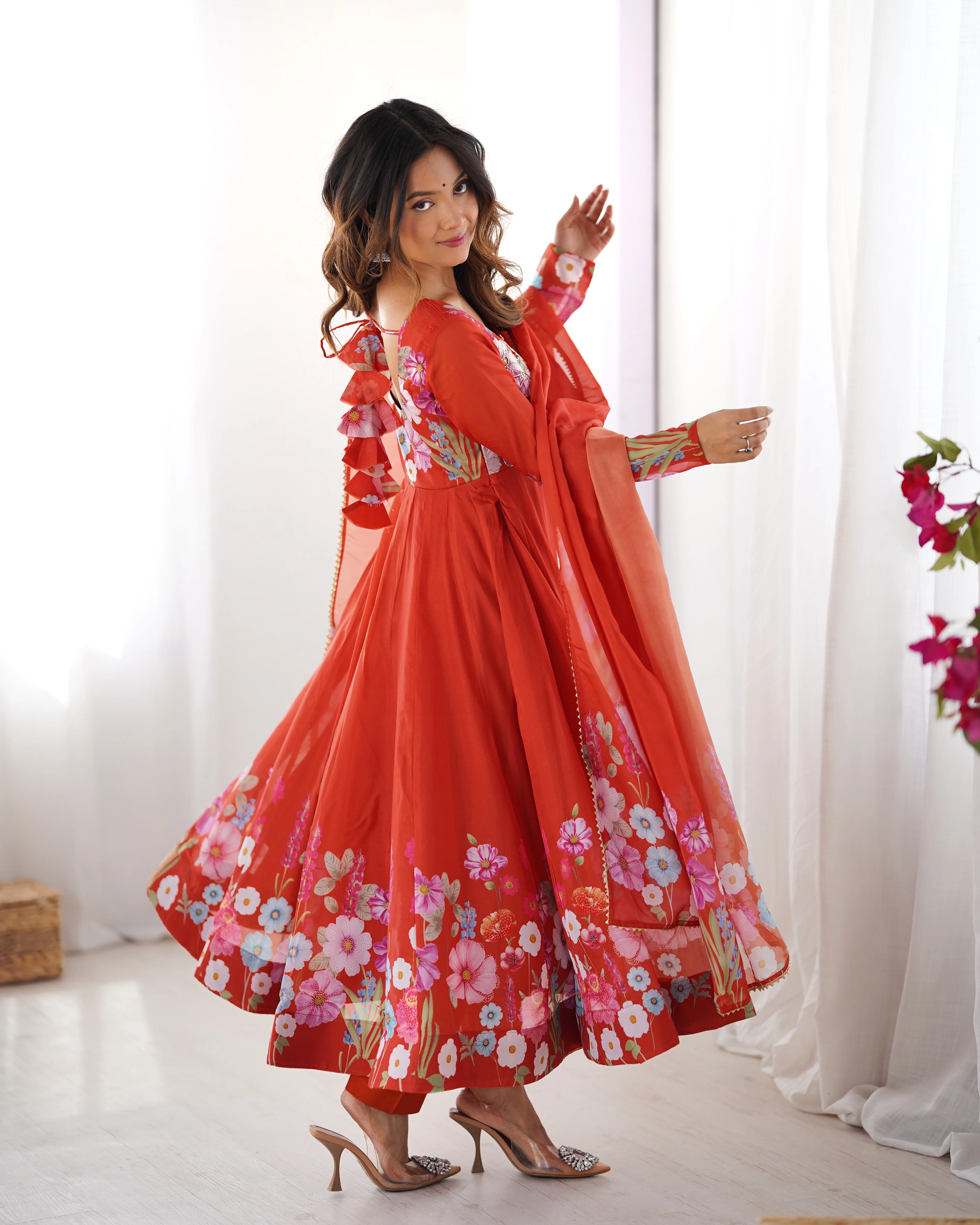 Pure Soft Organza Silk Fabric Fully Flair Kali Pattern and Canvas Patta With Dupatta Set ,Pent Ready to Wear - Rust - Image 4