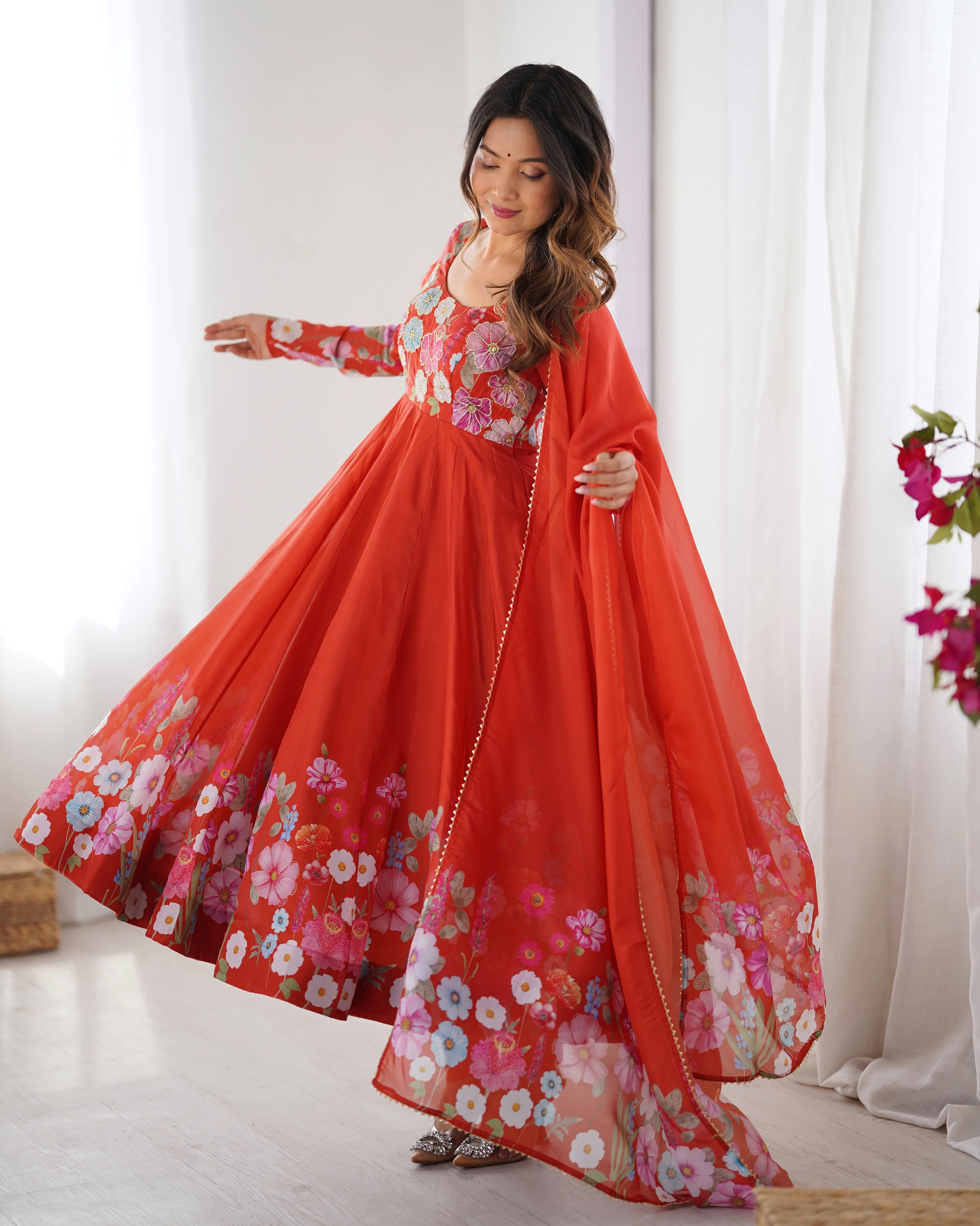 Pure Soft Organza Silk Fabric Fully Flair Kali Pattern and Canvas Patta With Dupatta Set ,Pent Ready to Wear - Rust - Image 6
