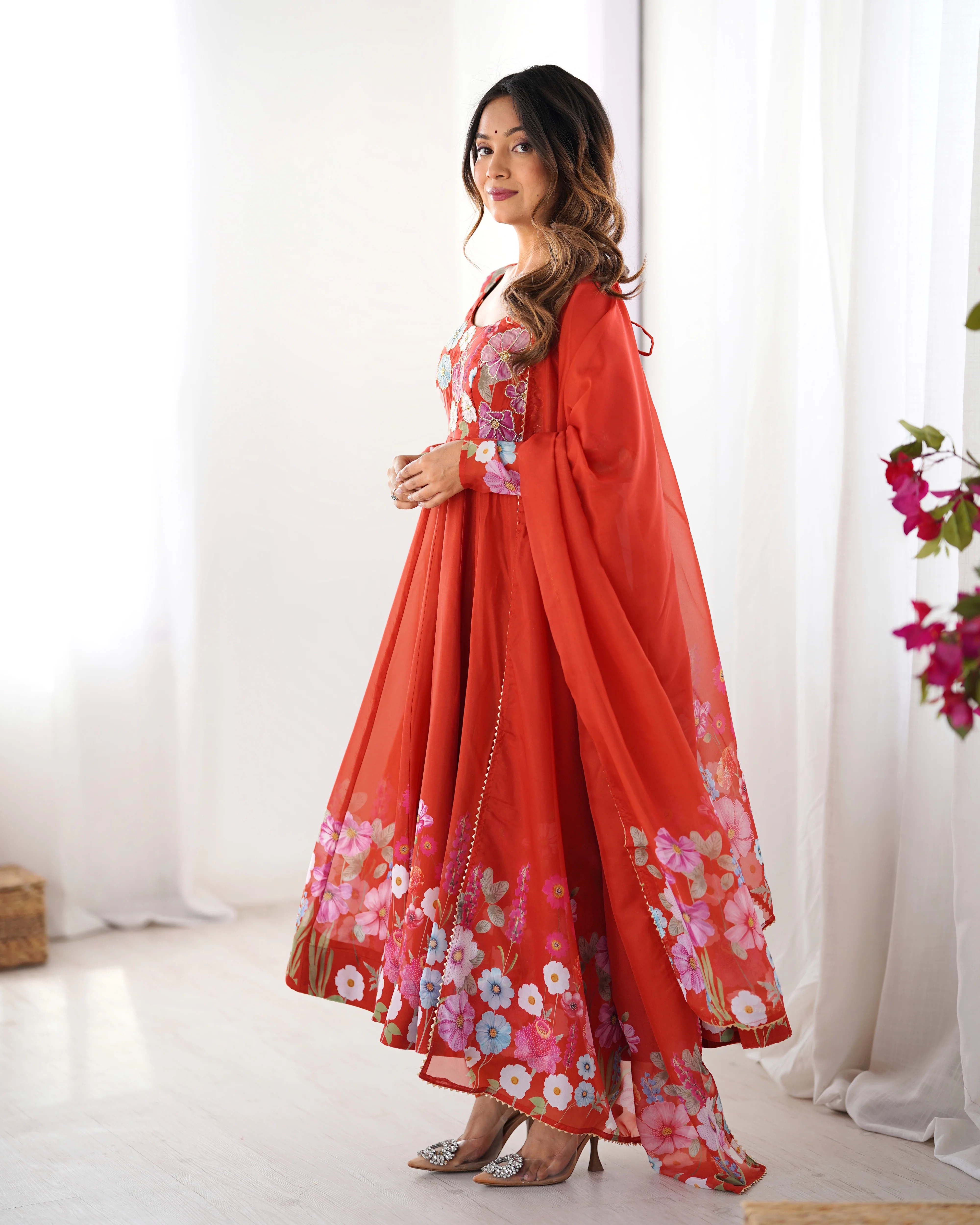 Pure Soft Organza Silk Fabric Fully Flair Kali Pattern and Canvas Patta With Dupatta Set ,Pent Ready to Wear - Rust - Image 7