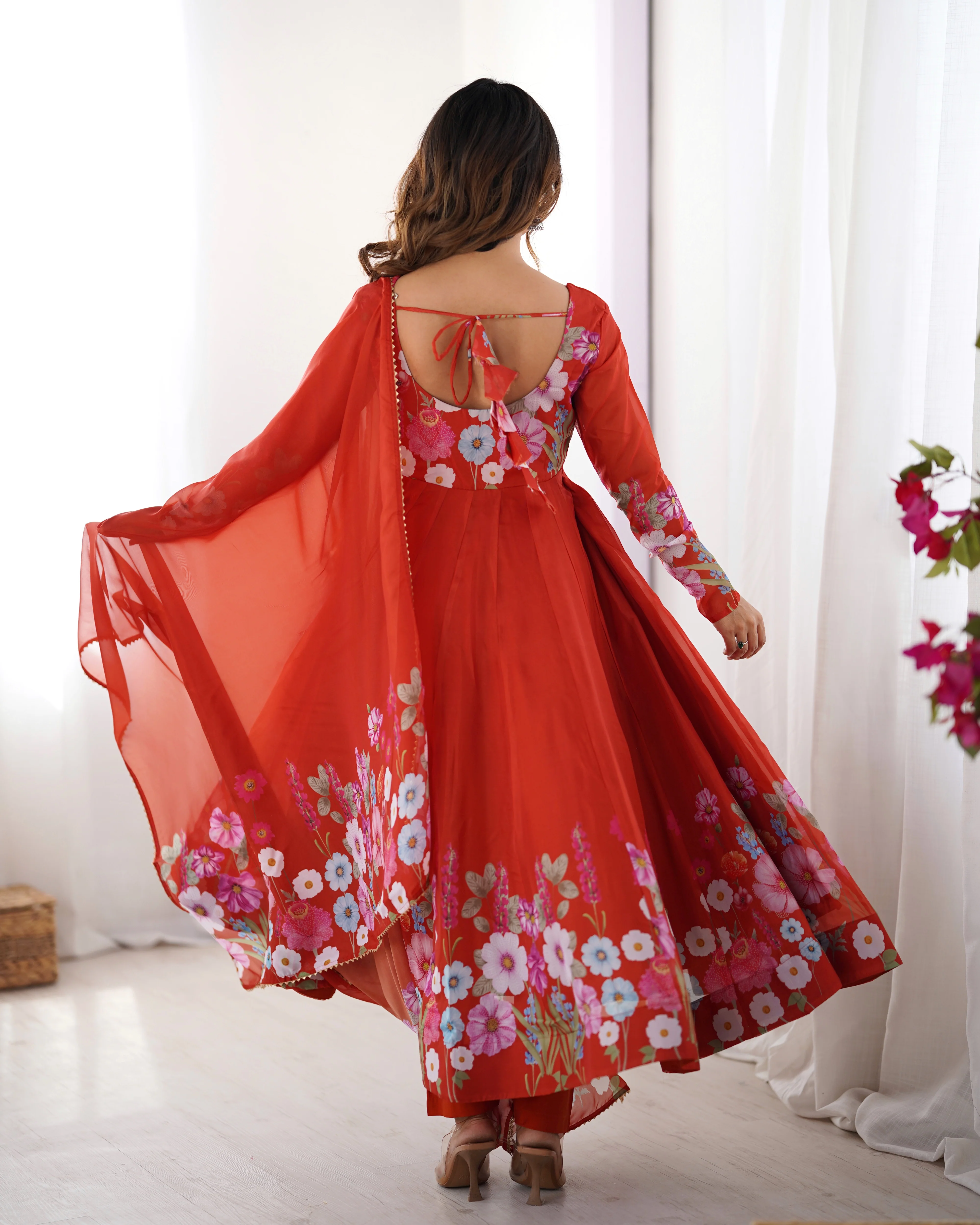 Pure Soft Organza Silk Fabric Fully Flair Kali Pattern and Canvas Patta With Dupatta Set ,Pent Ready to Wear - Rust - Image 8