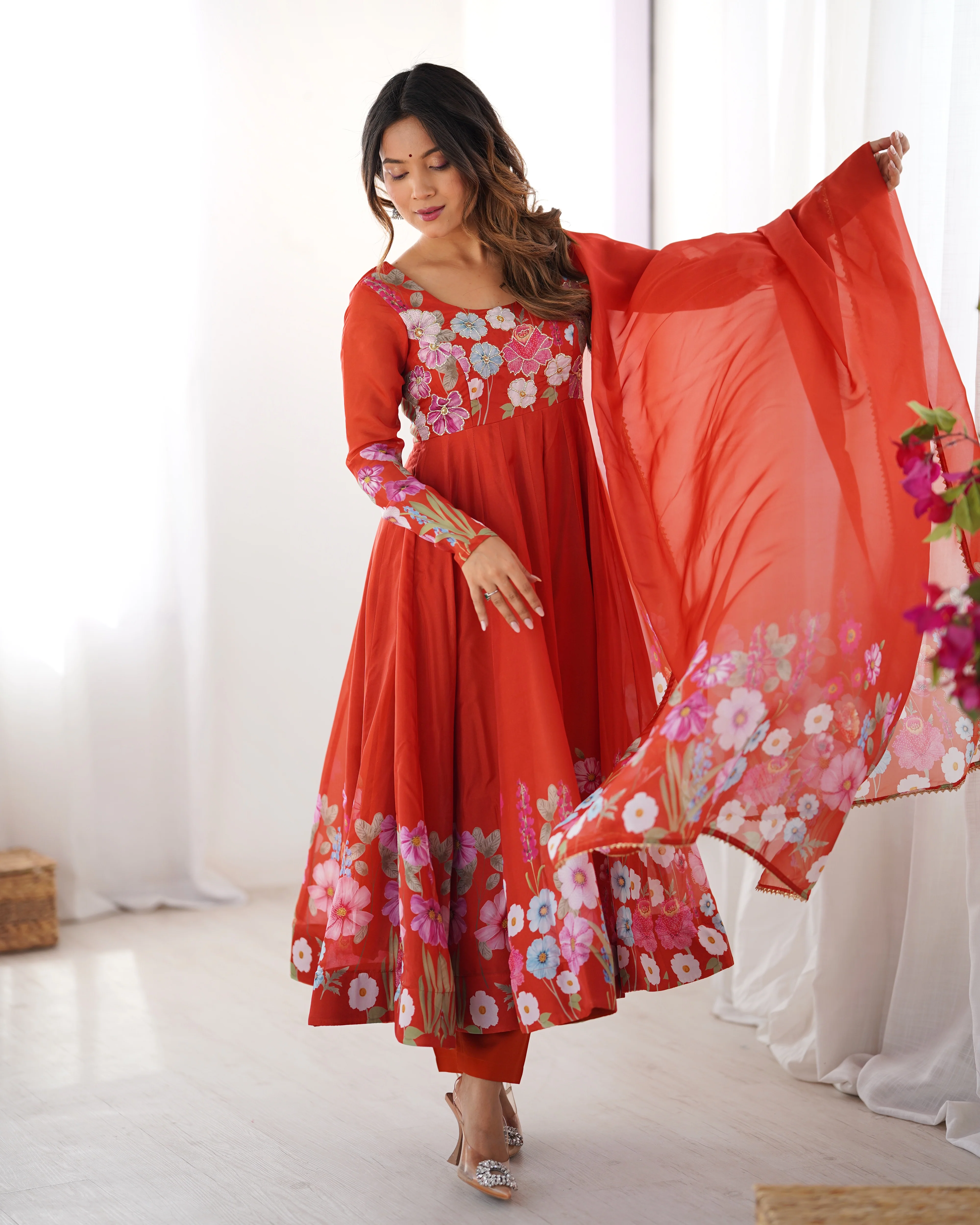 Pure Soft Organza Silk Fabric Fully Flair Kali Pattern and Canvas Patta With Dupatta Set ,Pent Ready to Wear - Rust - Image 9