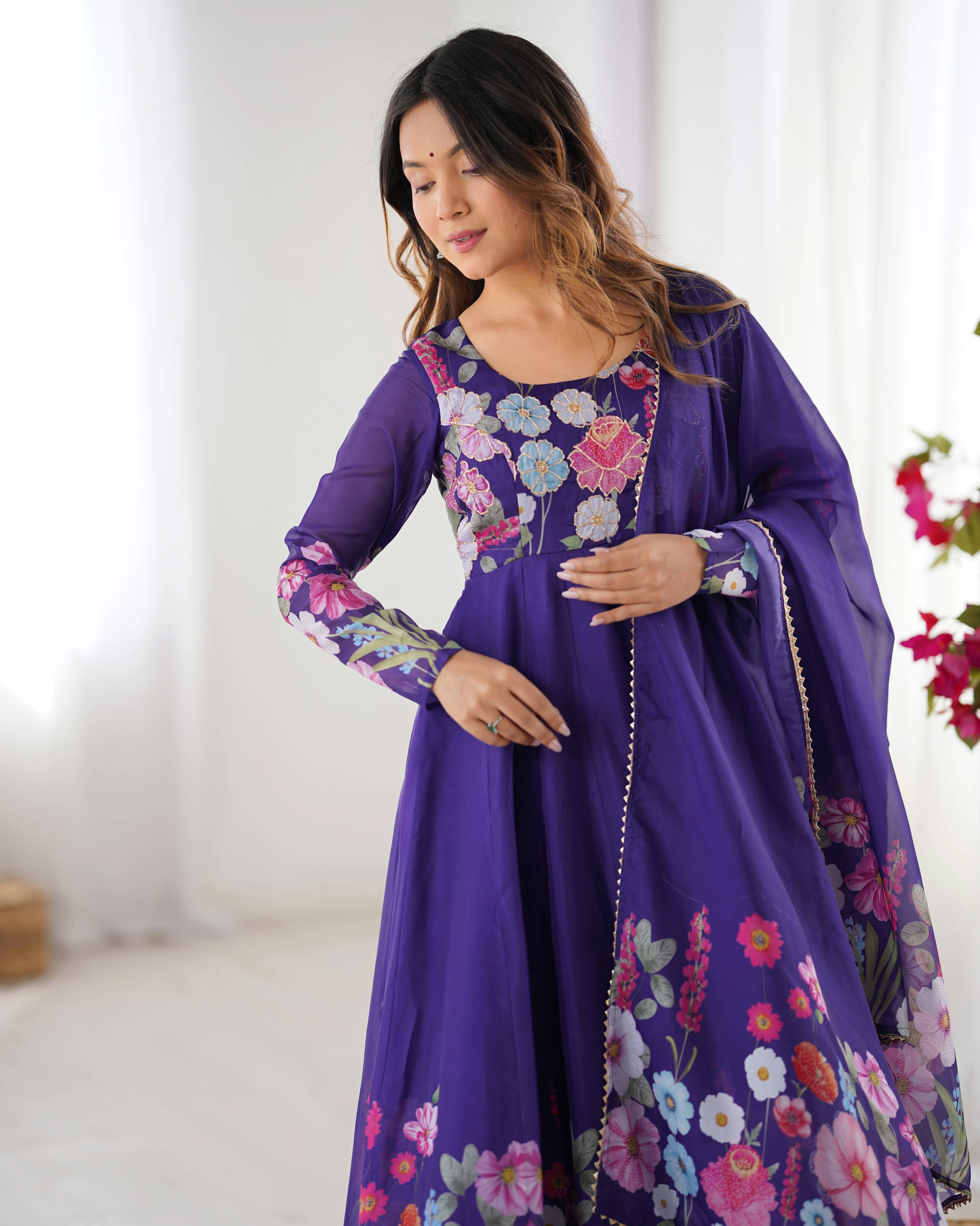 Pure Soft Organza Silk Fabric Fully Flair Kali Pattern and Canvas Patta With Dupatta Set ,Pent Ready to Wear - Purple