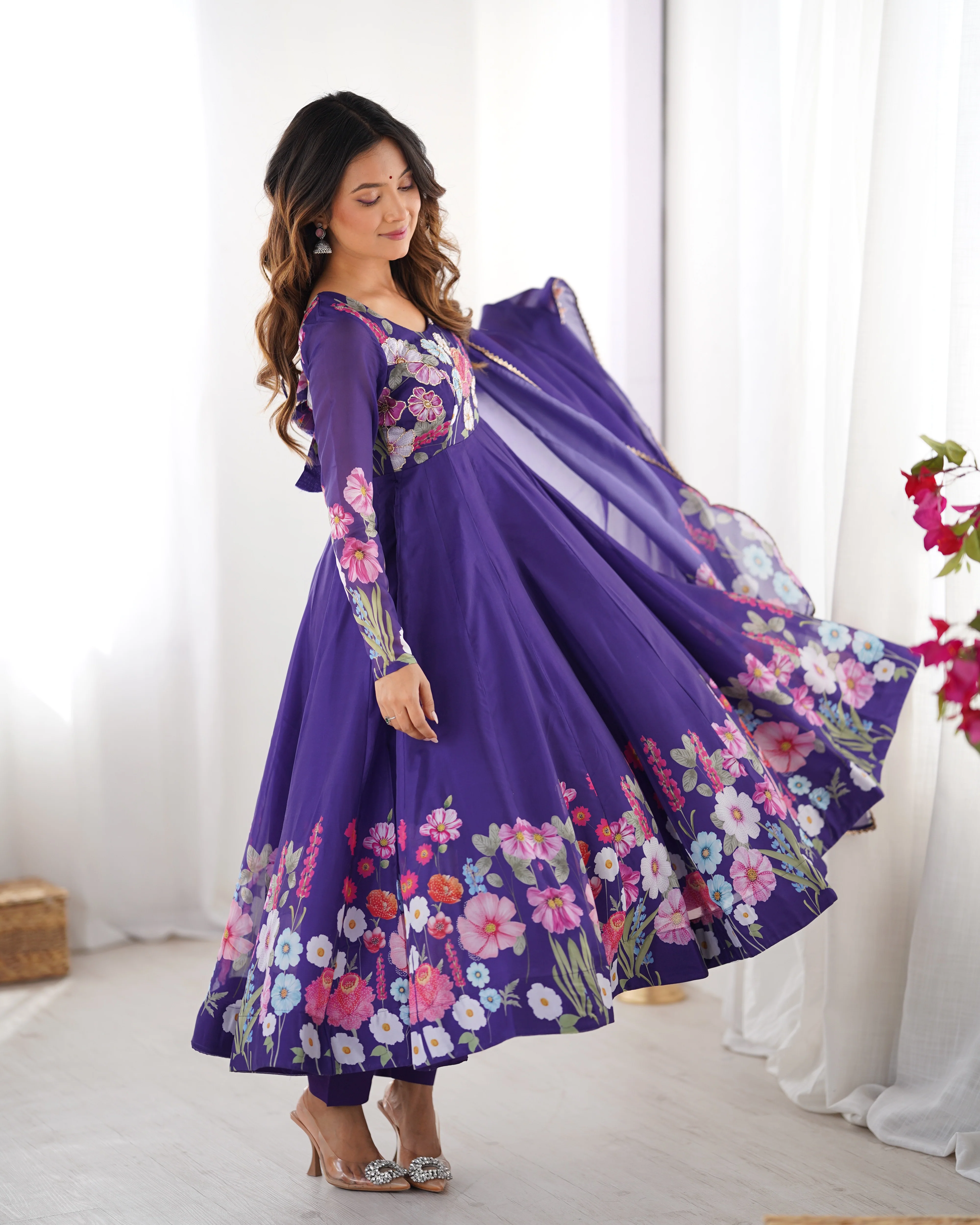 Pure Soft Organza Silk Fabric Fully Flair Kali Pattern and Canvas Patta With Dupatta Set ,Pent Ready to Wear - Purple - Image 6
