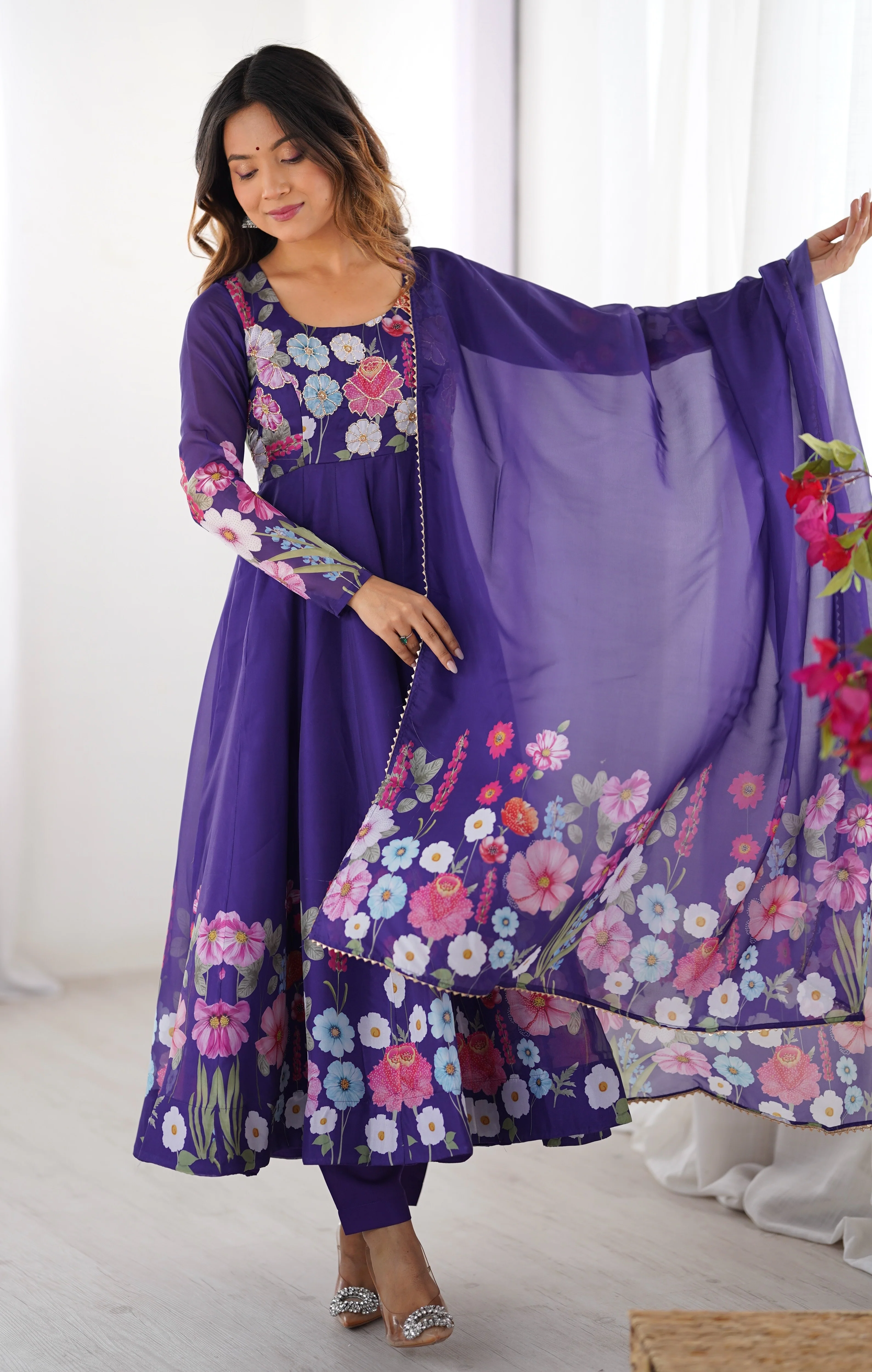 Pure Soft Organza Silk Fabric Fully Flair Kali Pattern and Canvas Patta With Dupatta Set ,Pent Ready to Wear - Purple - Image 7
