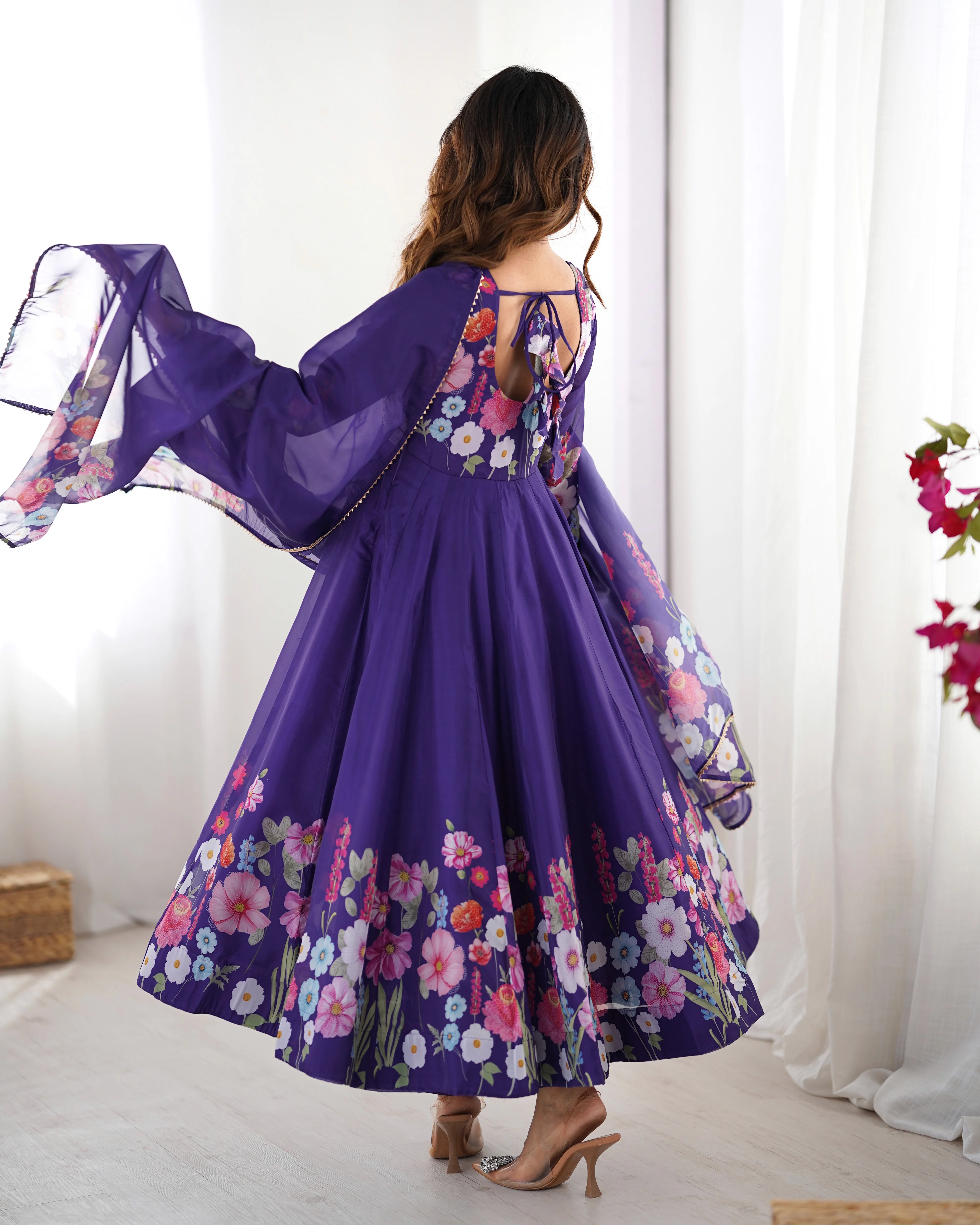 Pure Soft Organza Silk Fabric Fully Flair Kali Pattern and Canvas Patta With Dupatta Set ,Pent Ready to Wear - Purple - Image 9