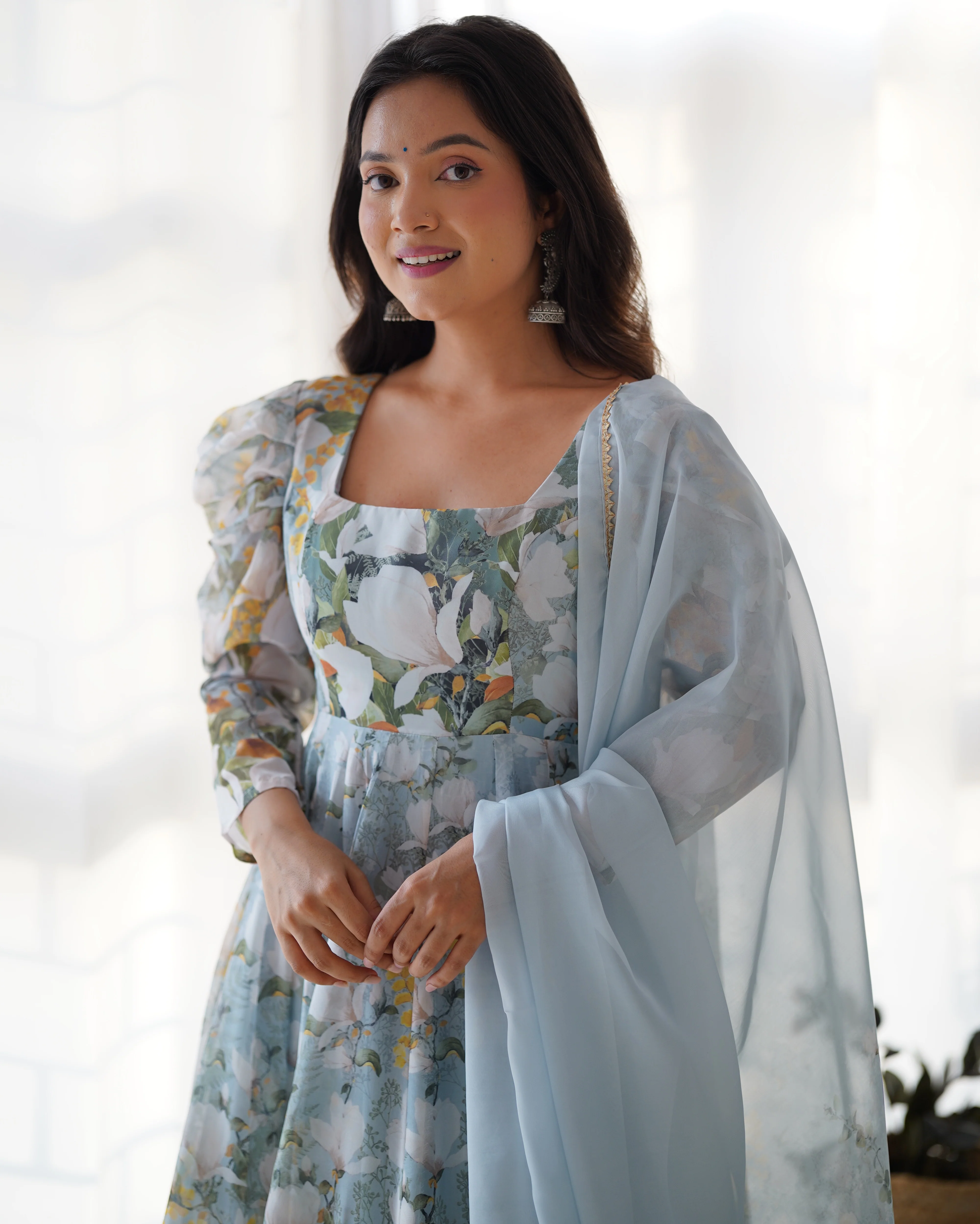 Pure Soft Organza Silk Floral Print Fabric Anarkali Suit Comes With Duppatta & Pant - Image 6