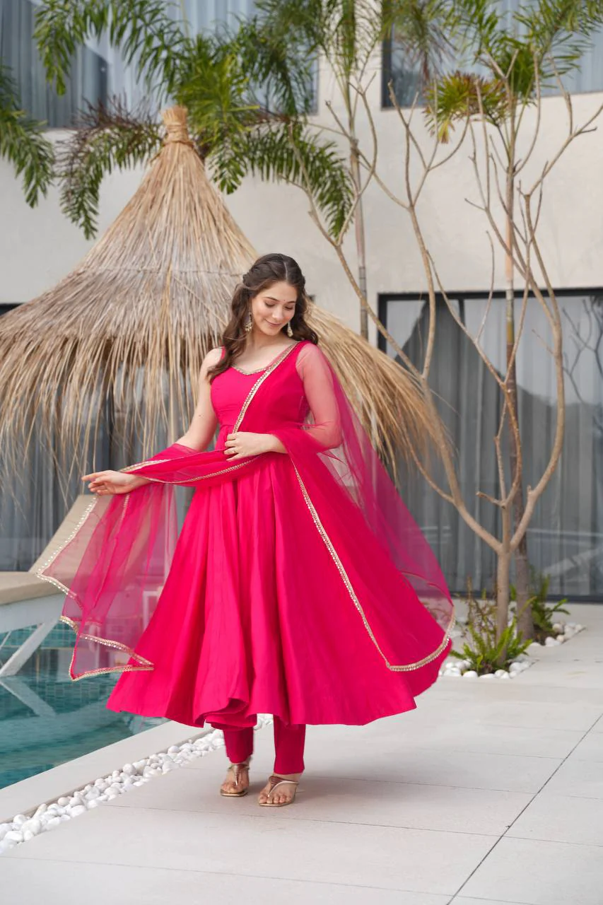 Pure Soft Roman Silk Chanderi Fabric Anarkali Suit Comes With Duppatta & Pant - Pink - Image 10