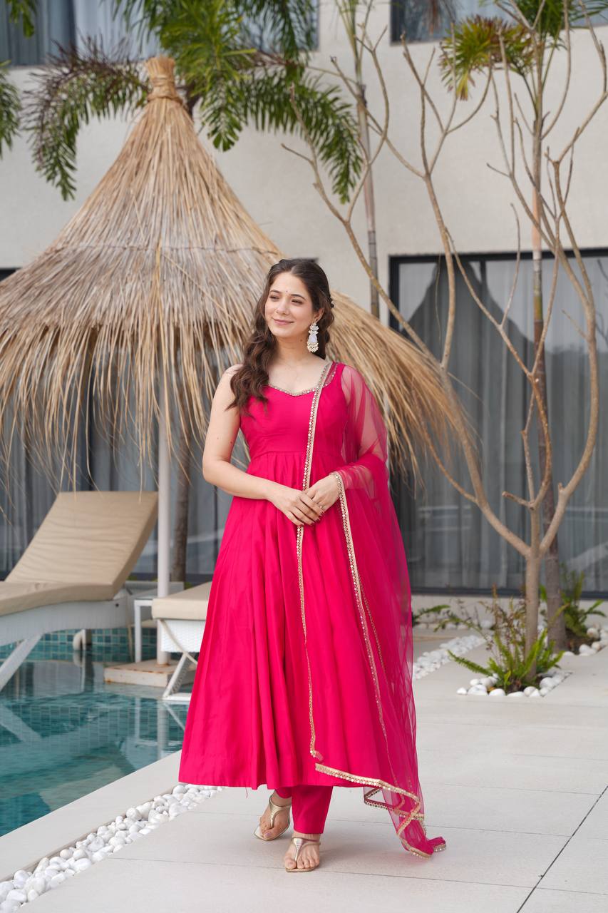 Pure Soft Roman Silk Chanderi Fabric Anarkali Suit Comes With Duppatta & Pant - Pink - Image 2