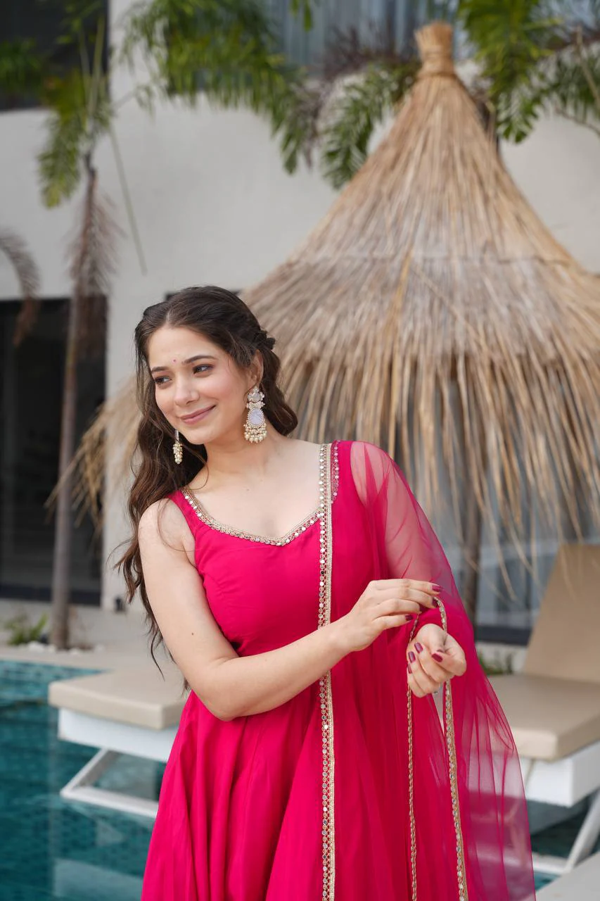 Pure Soft Roman Silk Chanderi Fabric Anarkali Suit Comes With Duppatta & Pant - Pink - Image 3