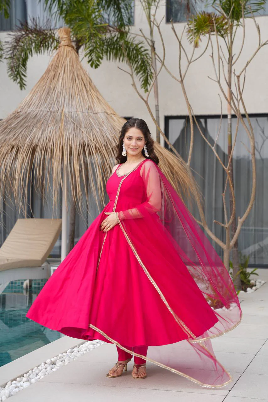 Pure Soft Roman Silk Chanderi Fabric Anarkali Suit Comes With Duppatta & Pant - Pink - Image 4