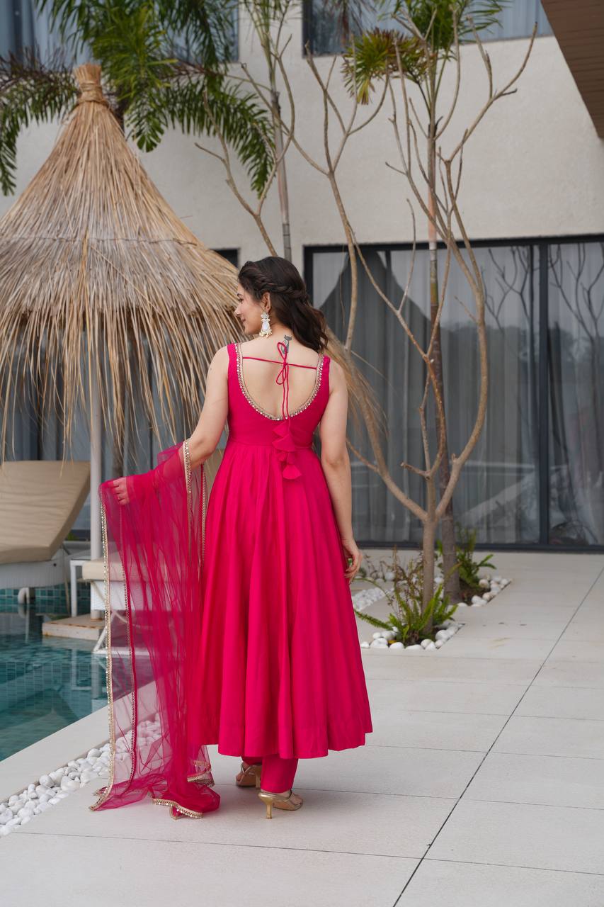 Pure Soft Roman Silk Chanderi Fabric Anarkali Suit Comes With Duppatta & Pant - Pink - Image 5