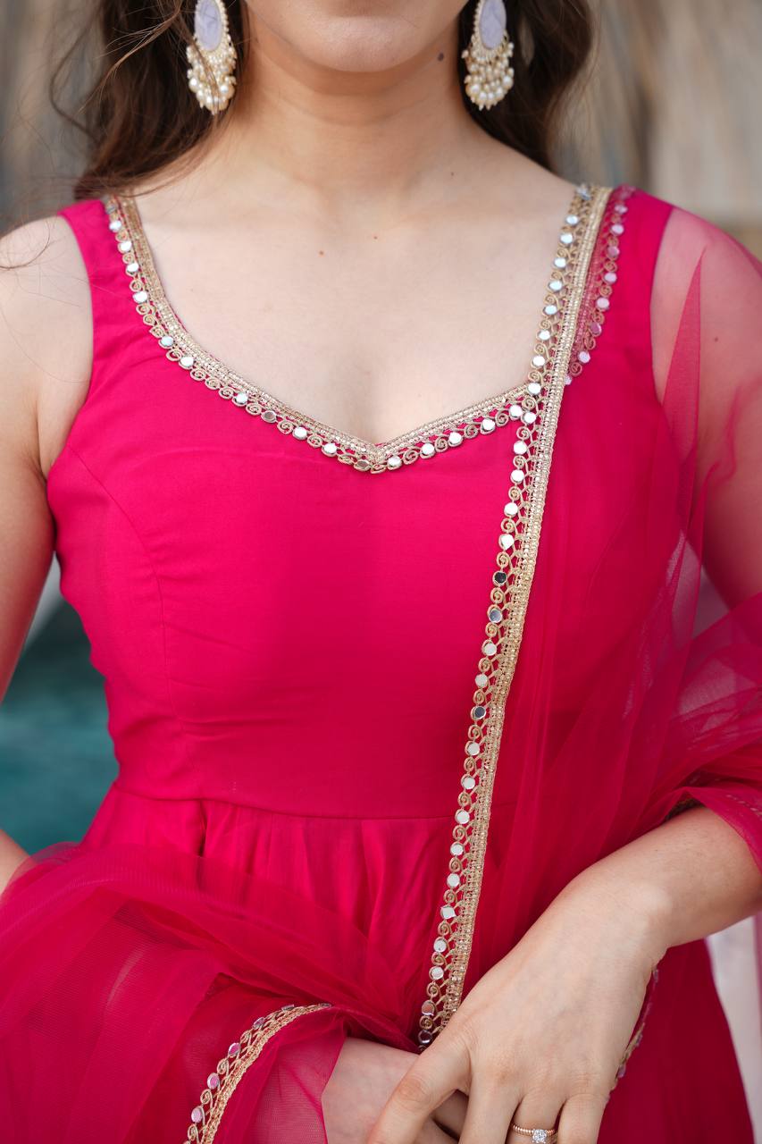 Pure Soft Roman Silk Chanderi Fabric Anarkali Suit Comes With Duppatta & Pant - Pink - Image 7