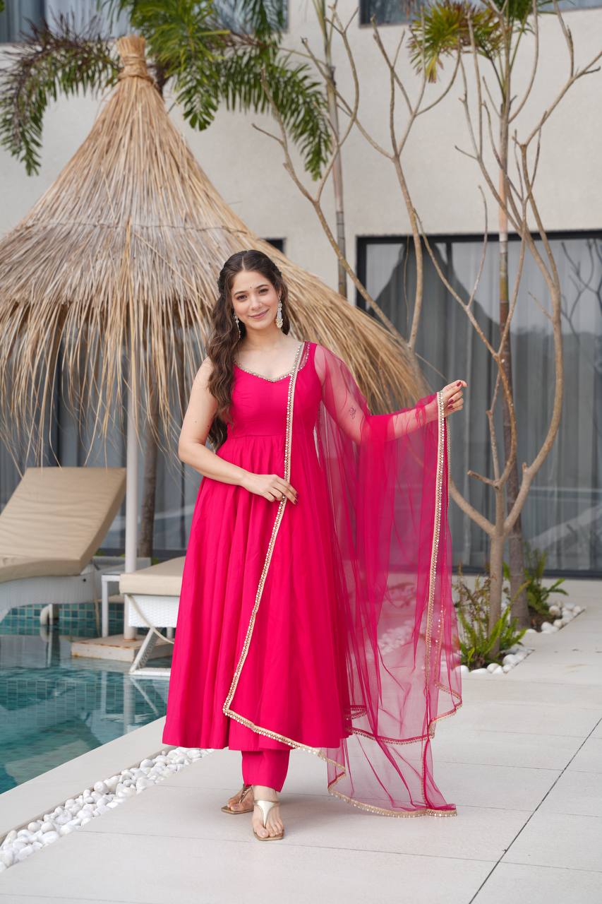 Pure Soft Roman Silk Chanderi Fabric Anarkali Suit Comes With Duppatta & Pant - Pink - Image 8