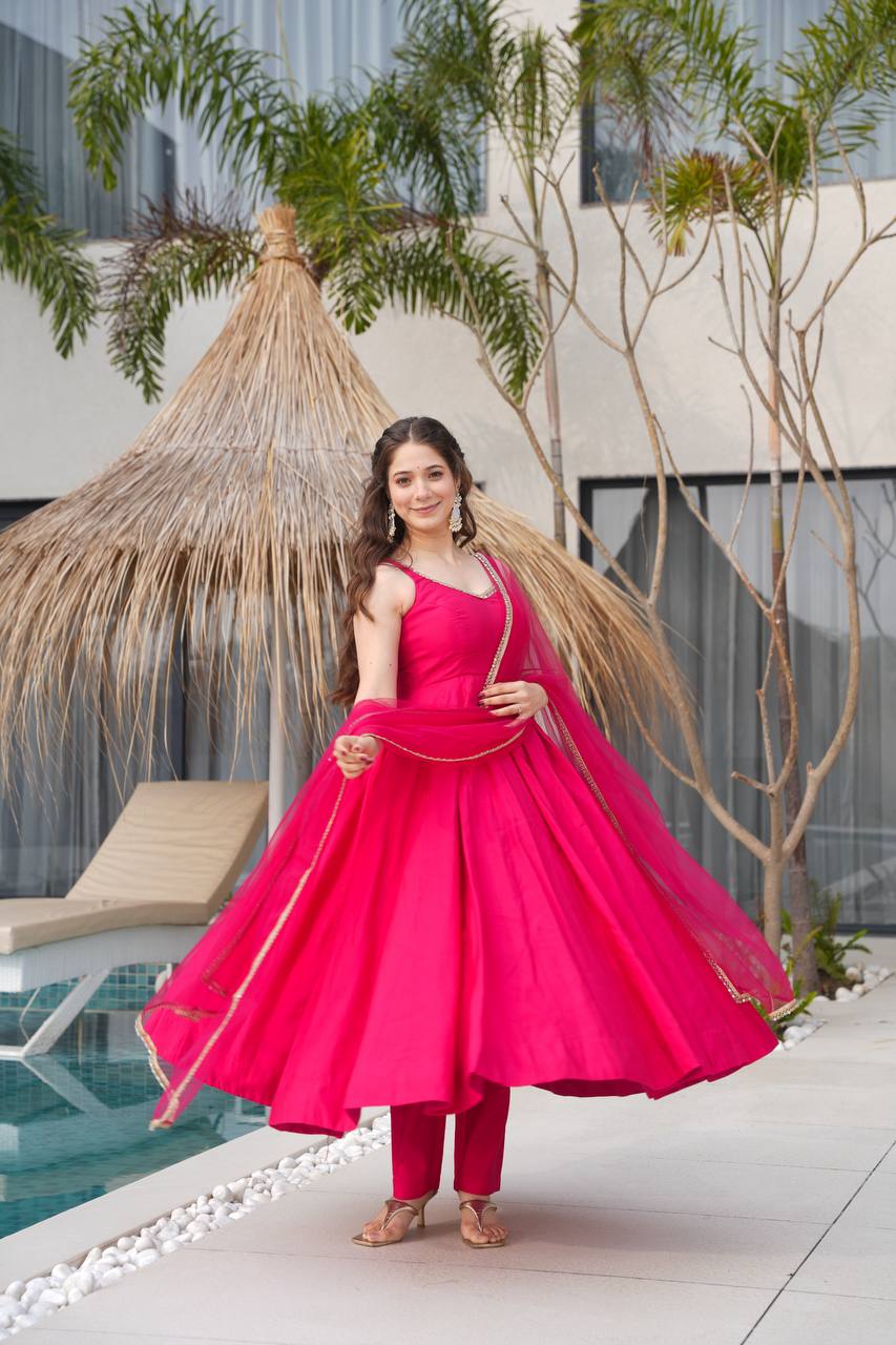 Pure Soft Roman Silk Chanderi Fabric Anarkali Suit Comes With Duppatta & Pant - Pink - Image 9