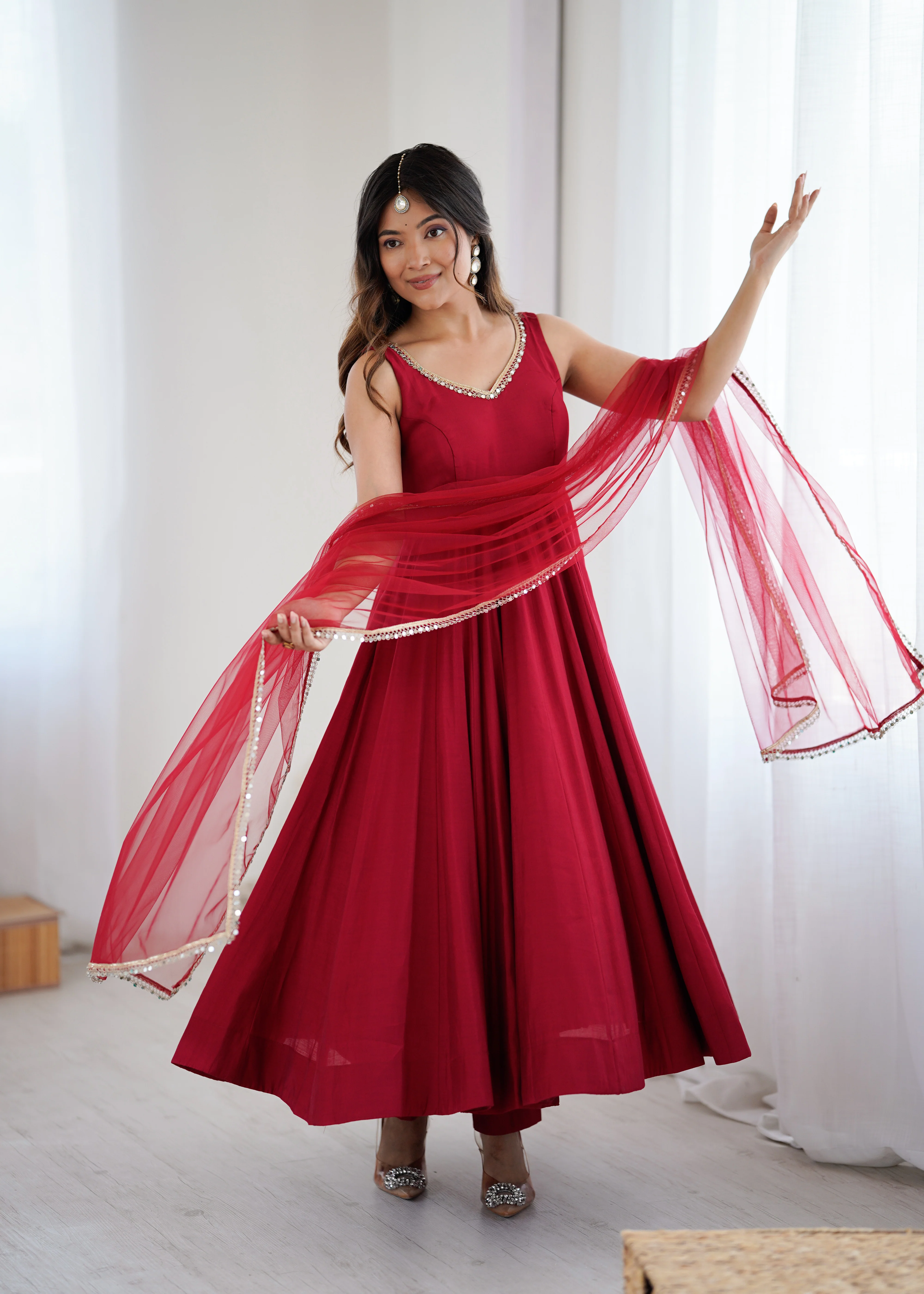 Pure Soft Roman Silk Chanderi Fabric Anarkali Suit Comes With Duppatta & Pant - Maroon - Image 2